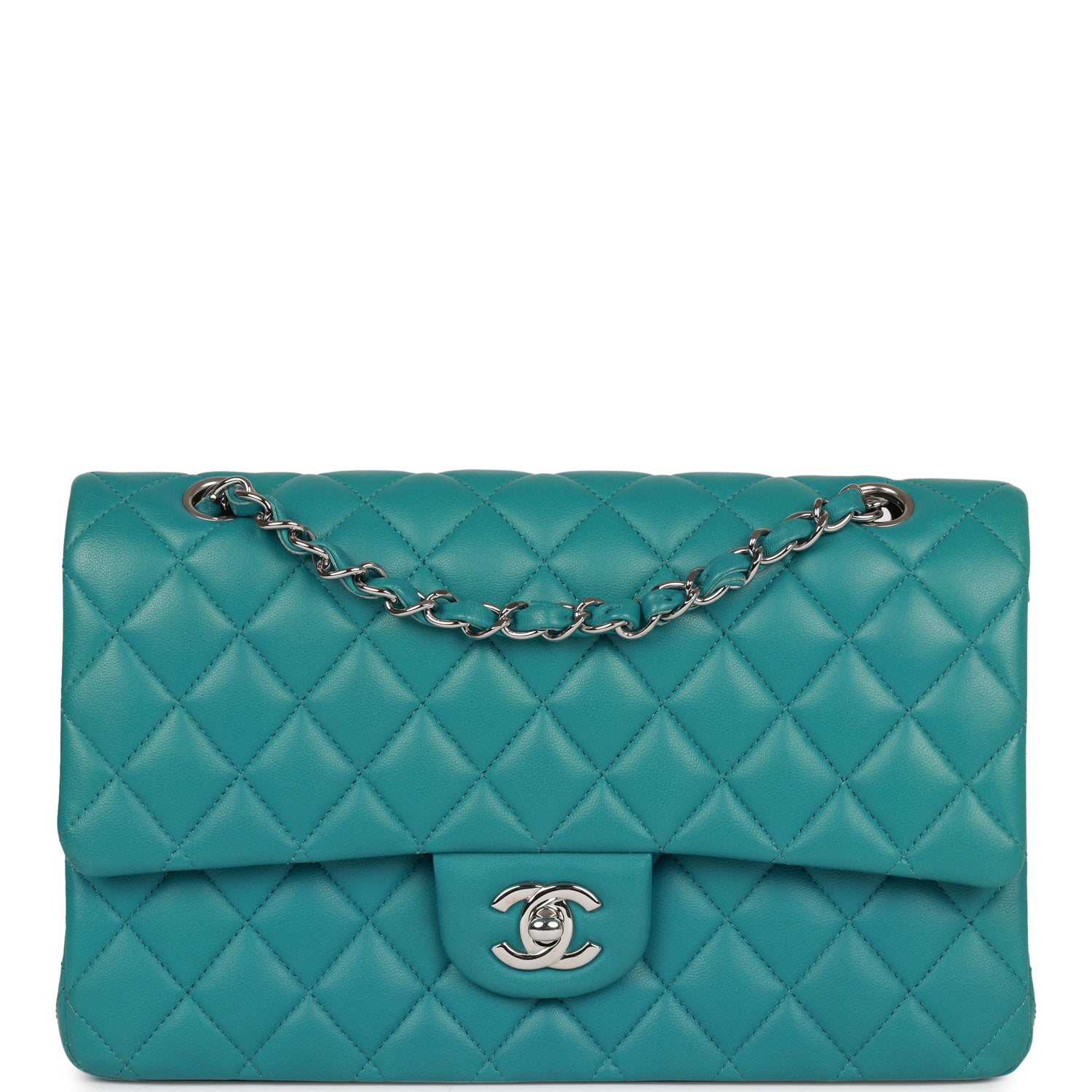 Chanel Medium Classic Double Flap Bag Blue Lambskin Silver Hardware