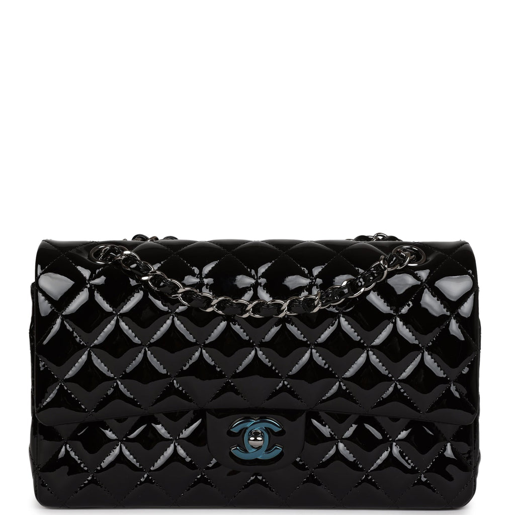 Chanel Medium Classic Double Flap Bag Black Patent Leather Silver Hardware