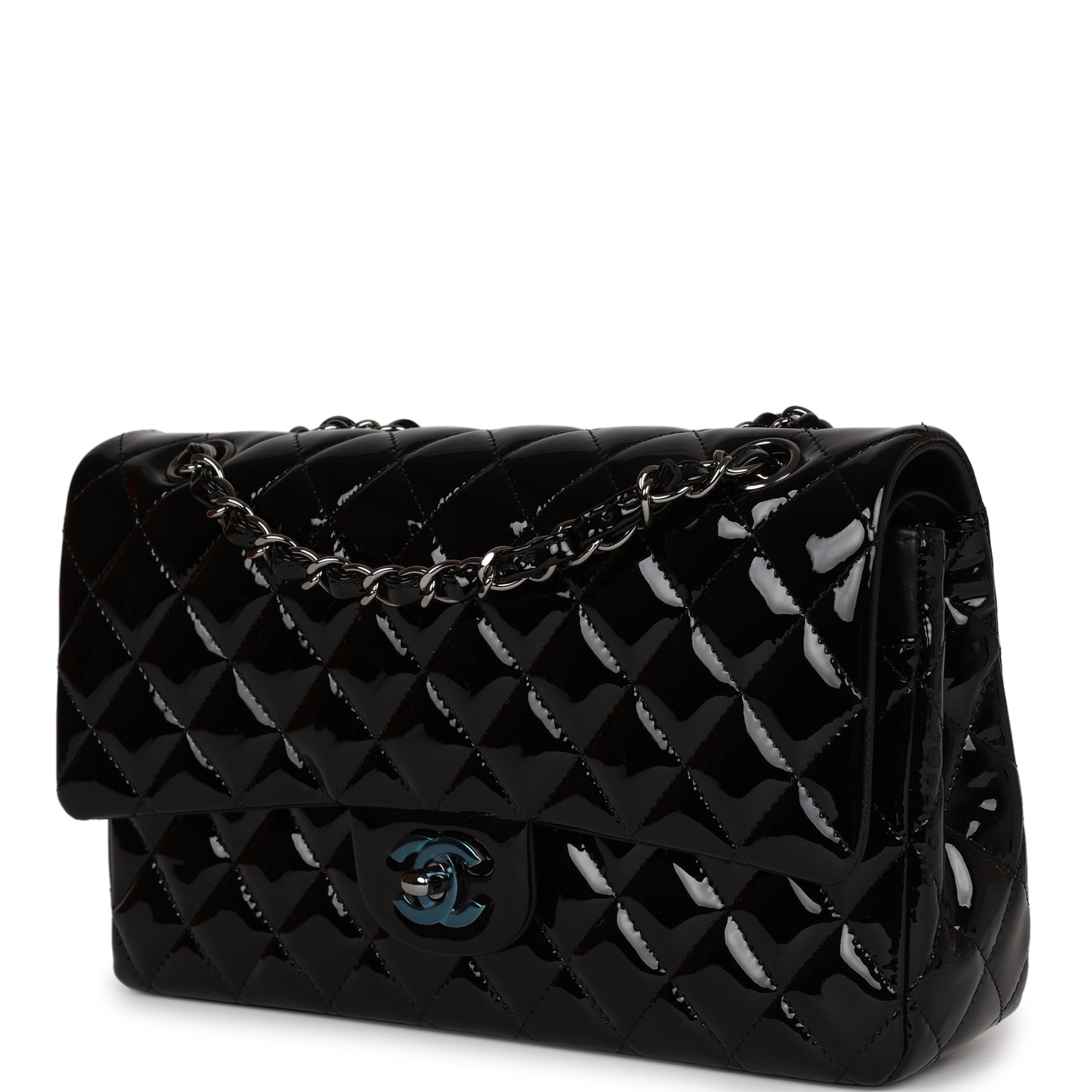 Chanel Medium Classic Double Flap Bag Black Patent Leather Silver Hardware