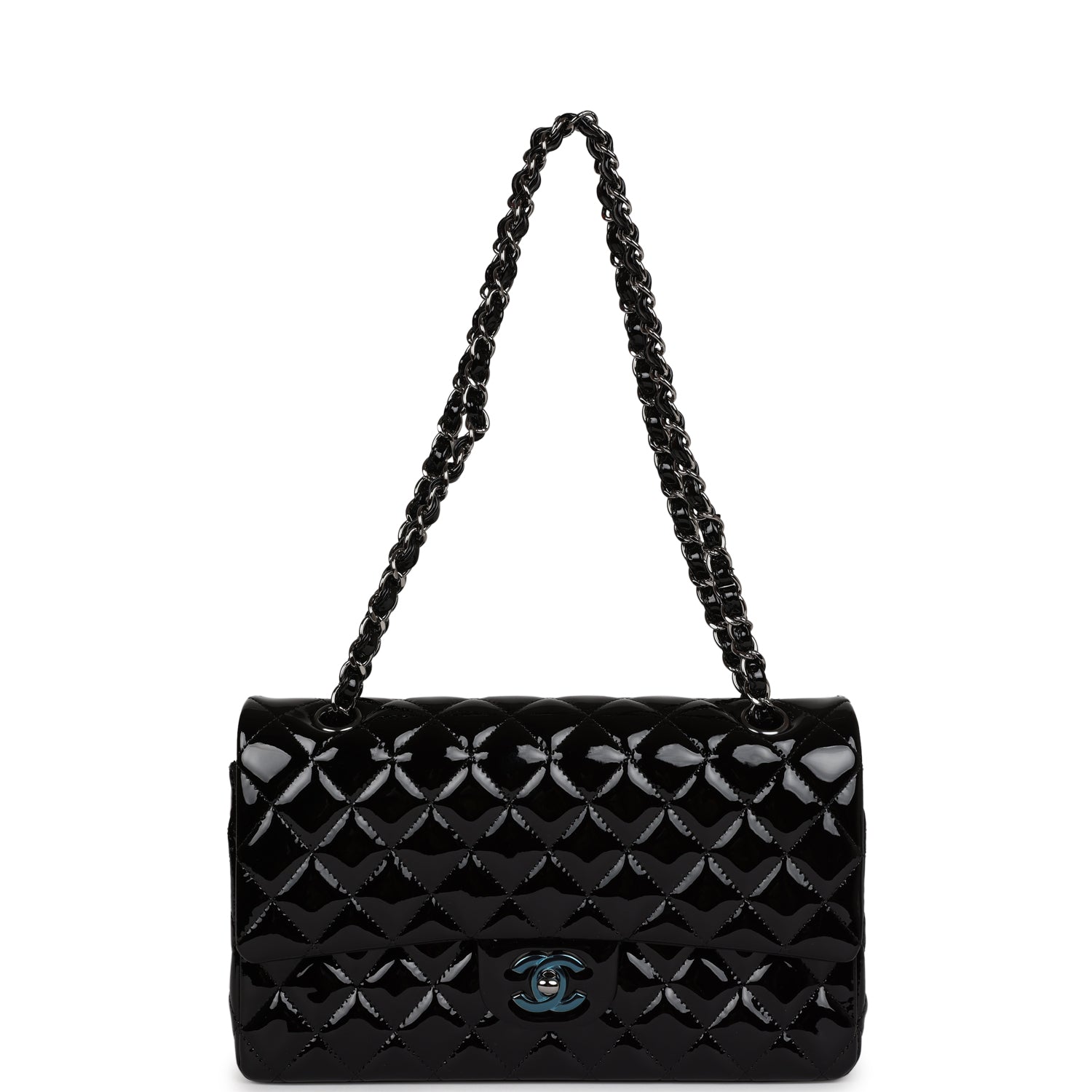 Chanel Medium Classic Double Flap Bag Black Patent Leather Silver Hardware