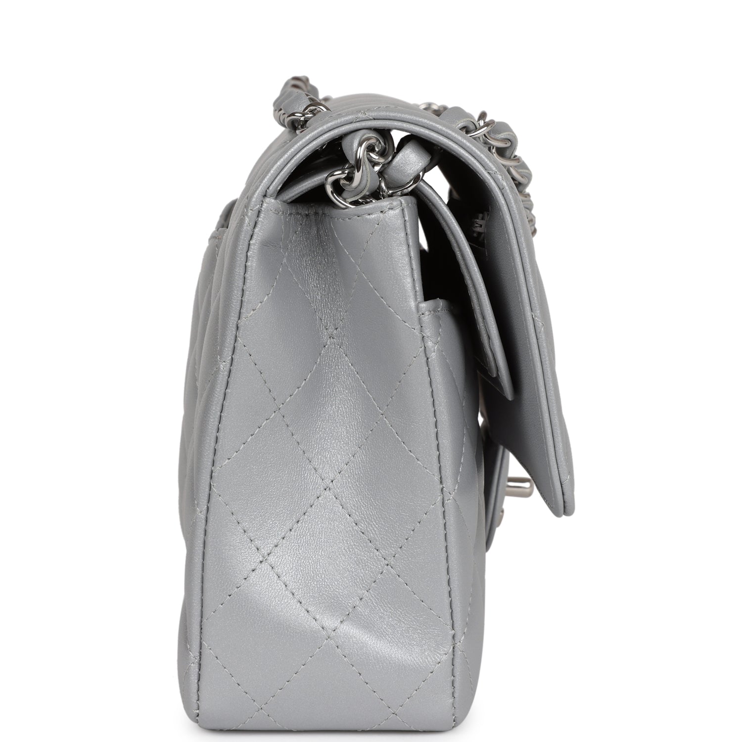 Chanel Medium Classic Double Flap Silver Metallic Lambskin Silver Hardware