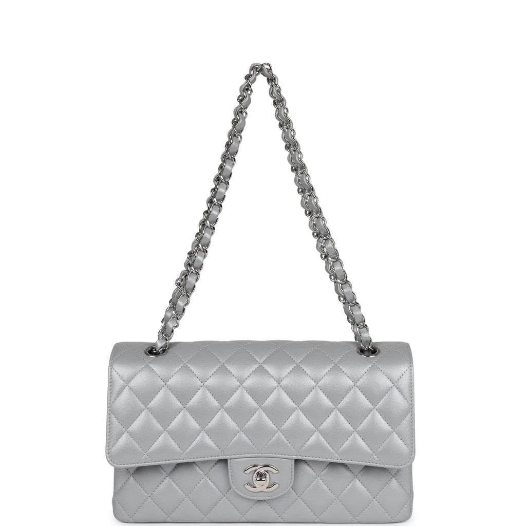 Chanel Medium Classic Double Flap Silver Metallic Lambskin Silver Hardware