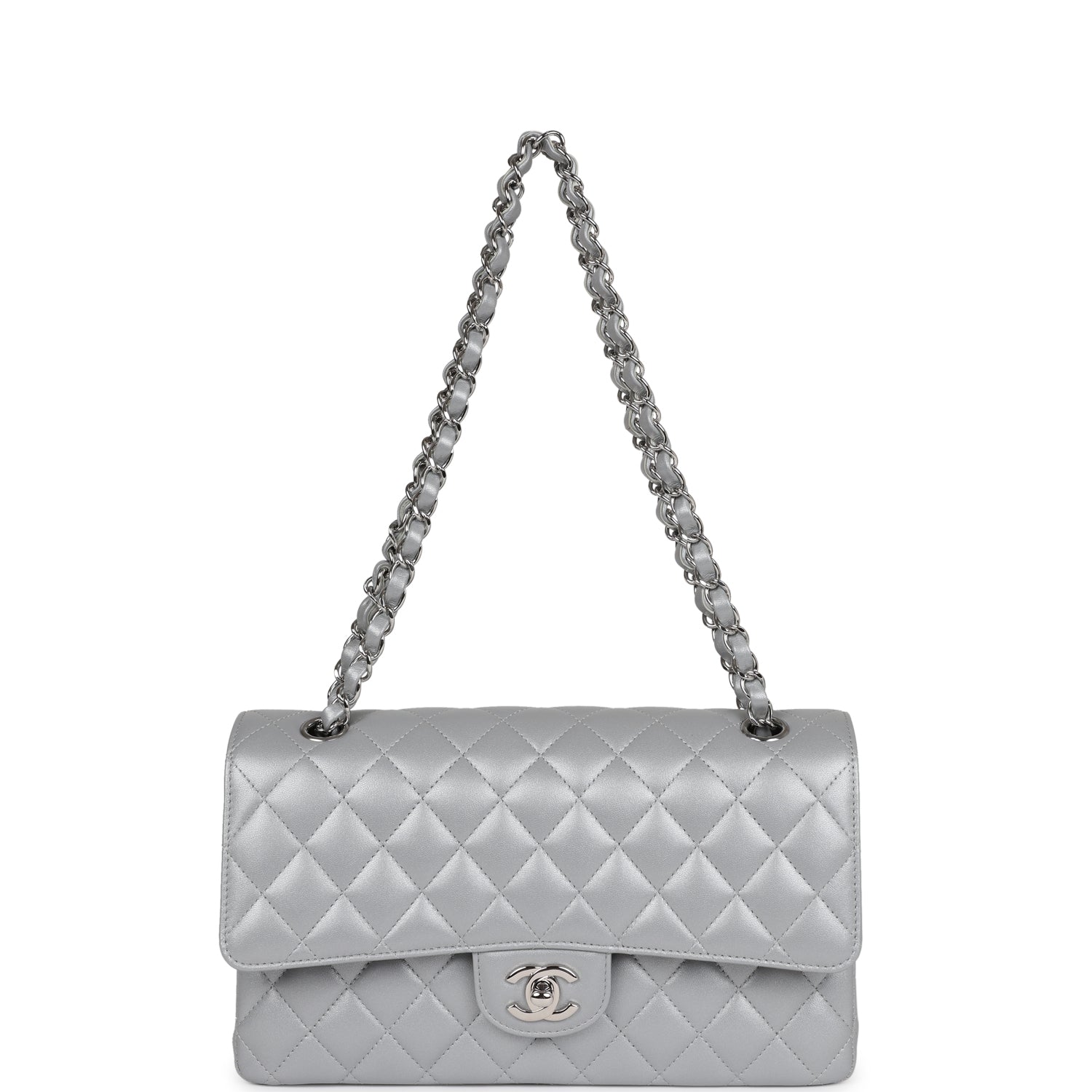 Chanel Medium Classic Double Flap Silver Metallic Lambskin Silver Hardware