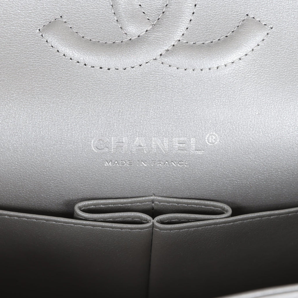 Chanel Medium Classic Double Flap Silver Metallic Lambskin Silver Hardware