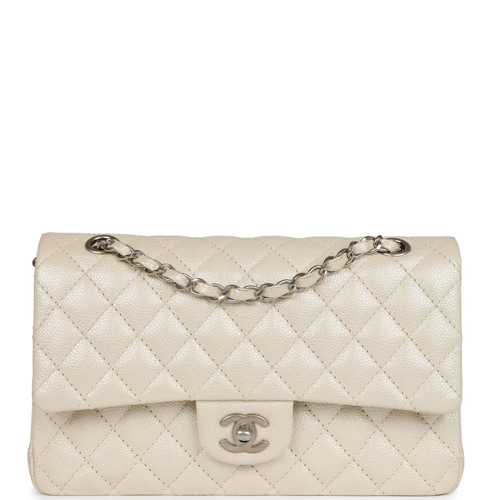 Chanel Medium Classic Double Flap Pearlescent Ivory Caviar Brushed Silver Hardware
