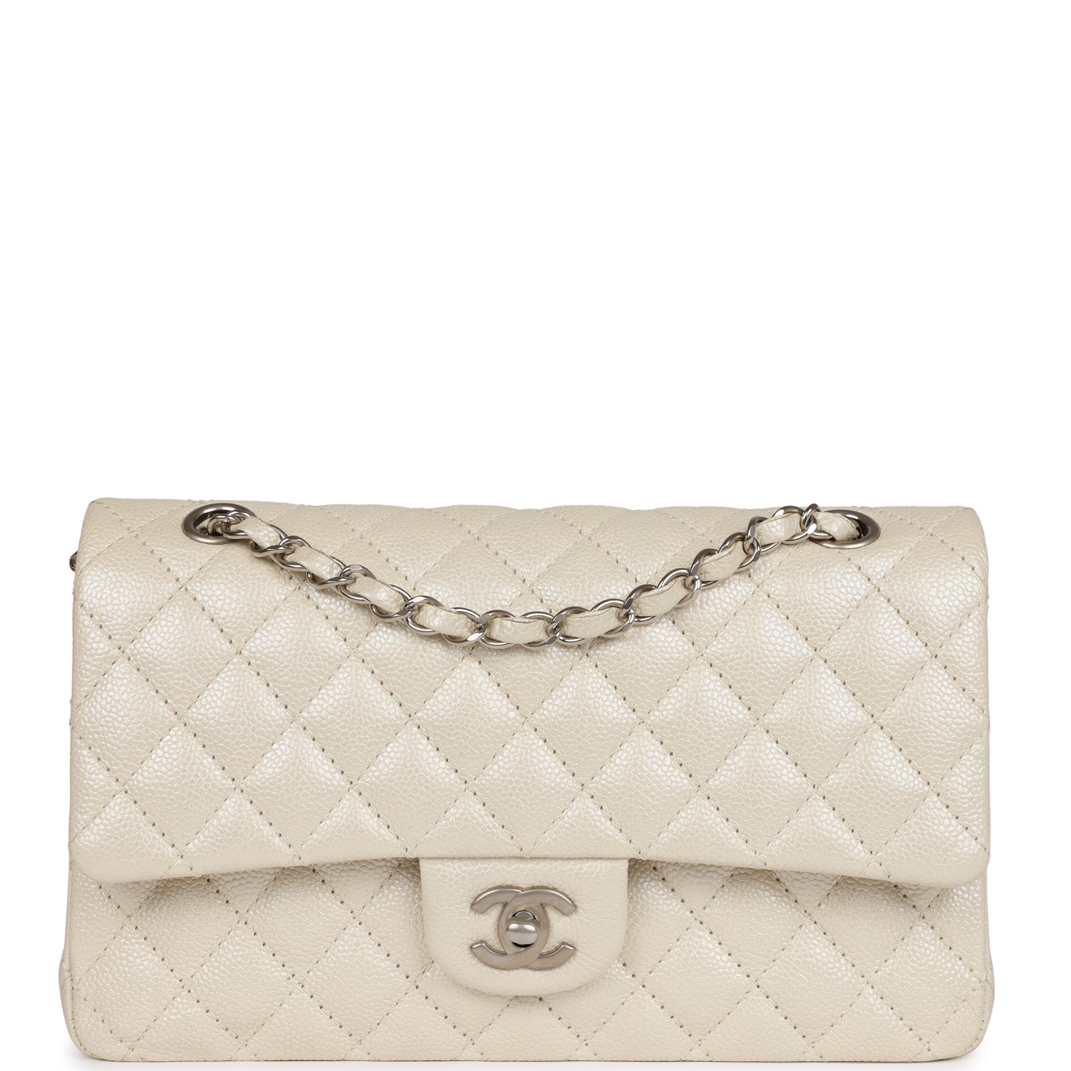 Chanel Medium Classic Double Flap Pearlescent Ivory Caviar Brushed Silver Hardware