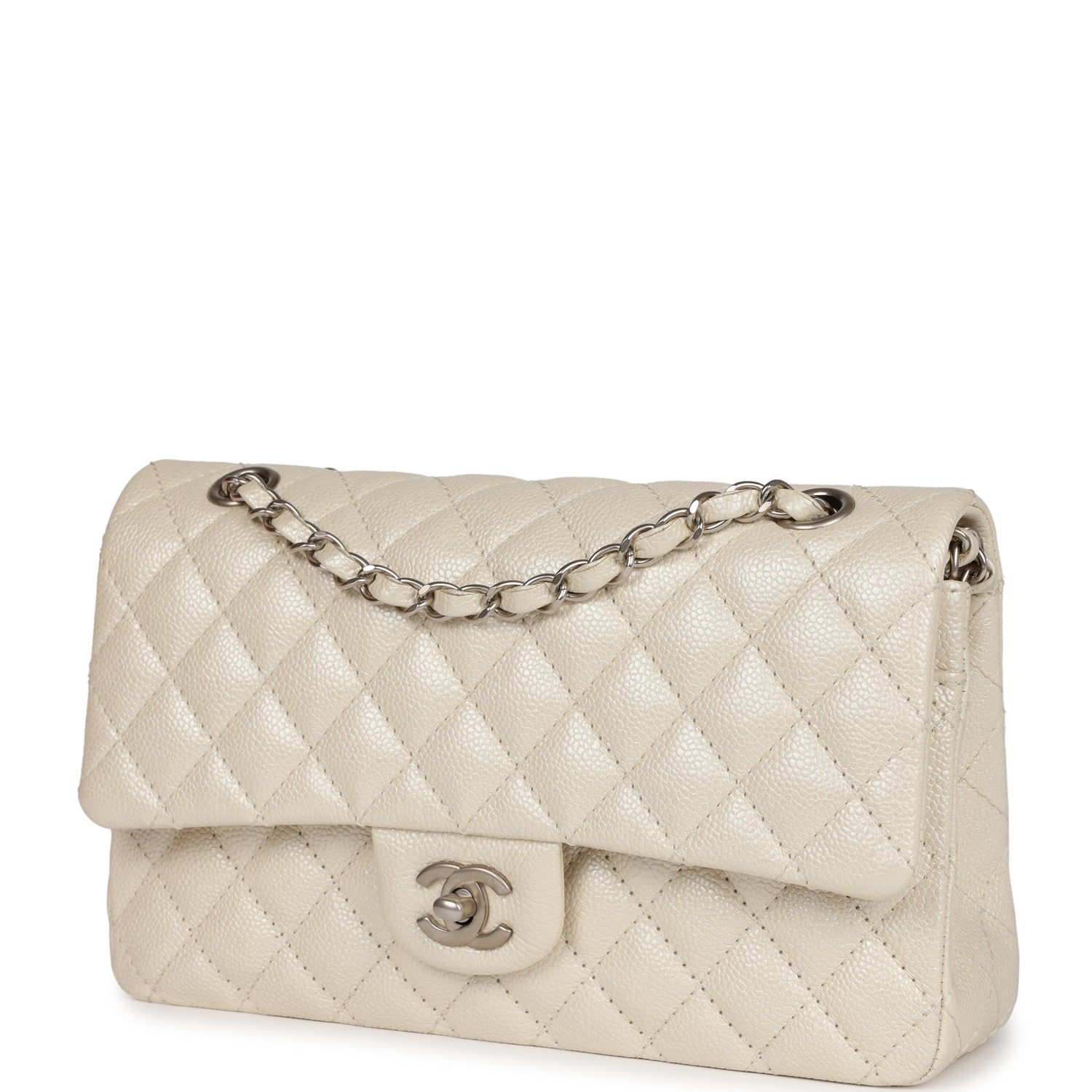 Chanel Medium Classic Double Flap Pearlescent Ivory Caviar Brushed Silver Hardware