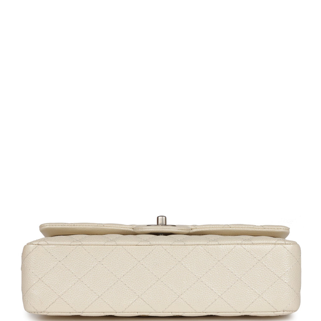 Chanel Medium Classic Double Flap Pearlescent Ivory Caviar Brushed Silver Hardware