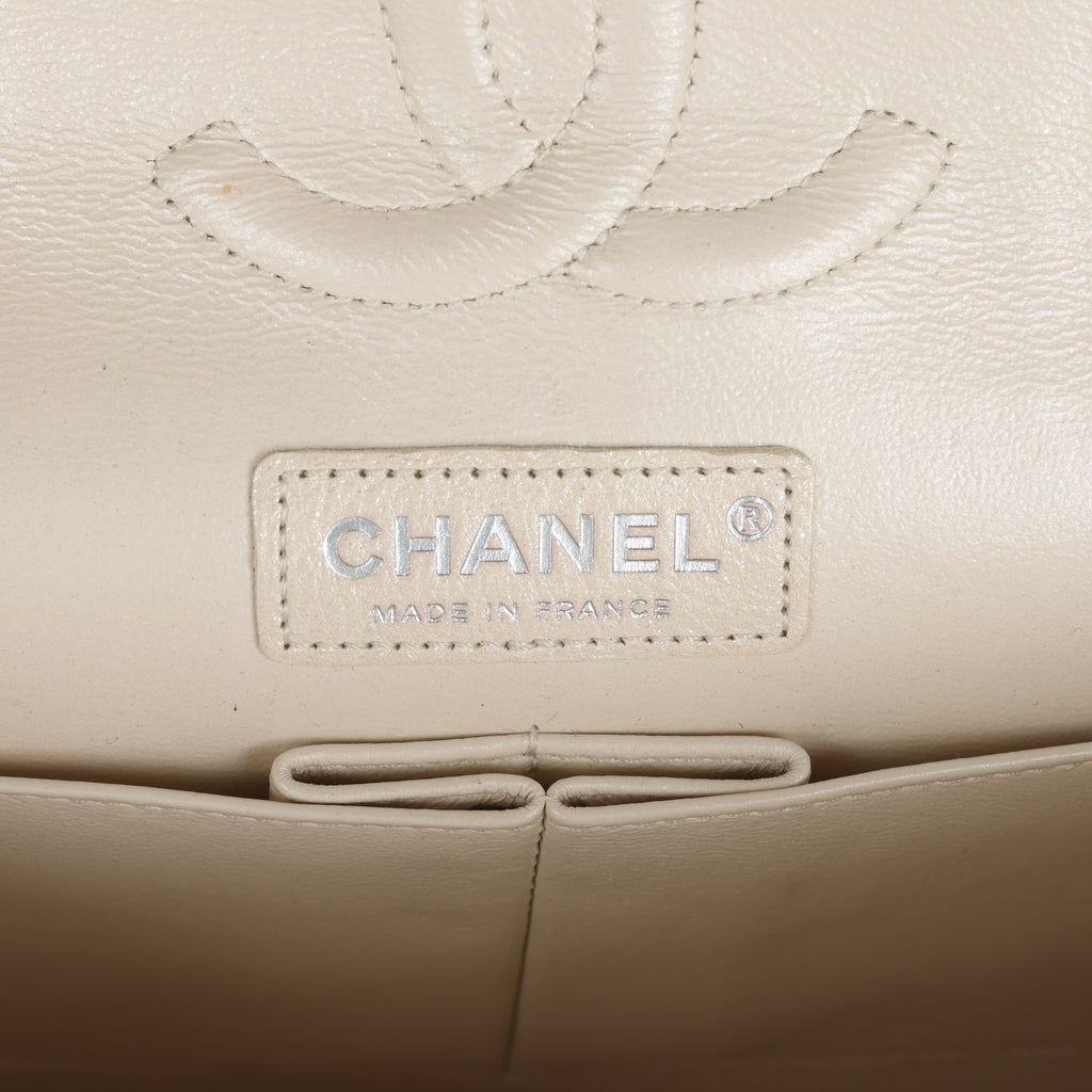 Chanel Medium Classic Double Flap Pearlescent Ivory Caviar Brushed Silver Hardware