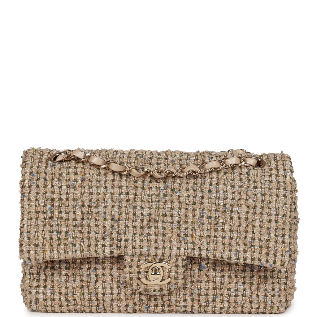 Chanel Medium Classic Double Flap Beige Tweed Gold Hardware