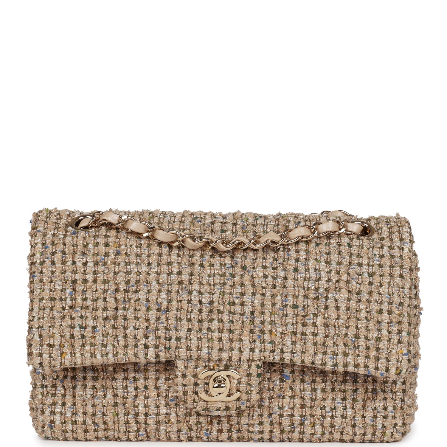 Chanel Medium Classic Double Flap Beige Tweed Gold Hardware