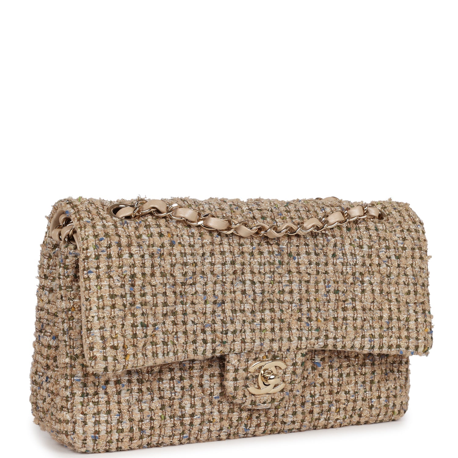 Chanel Medium Classic Double Flap Beige Tweed Gold Hardware
