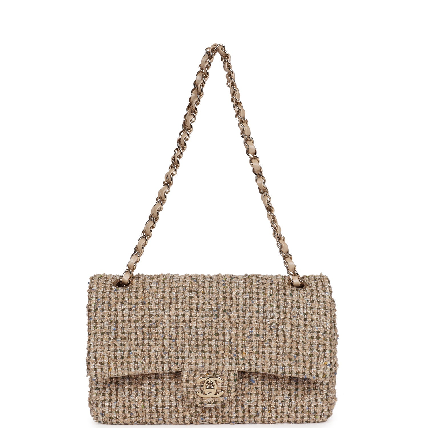Chanel Medium Classic Double Flap Beige Tweed Gold Hardware