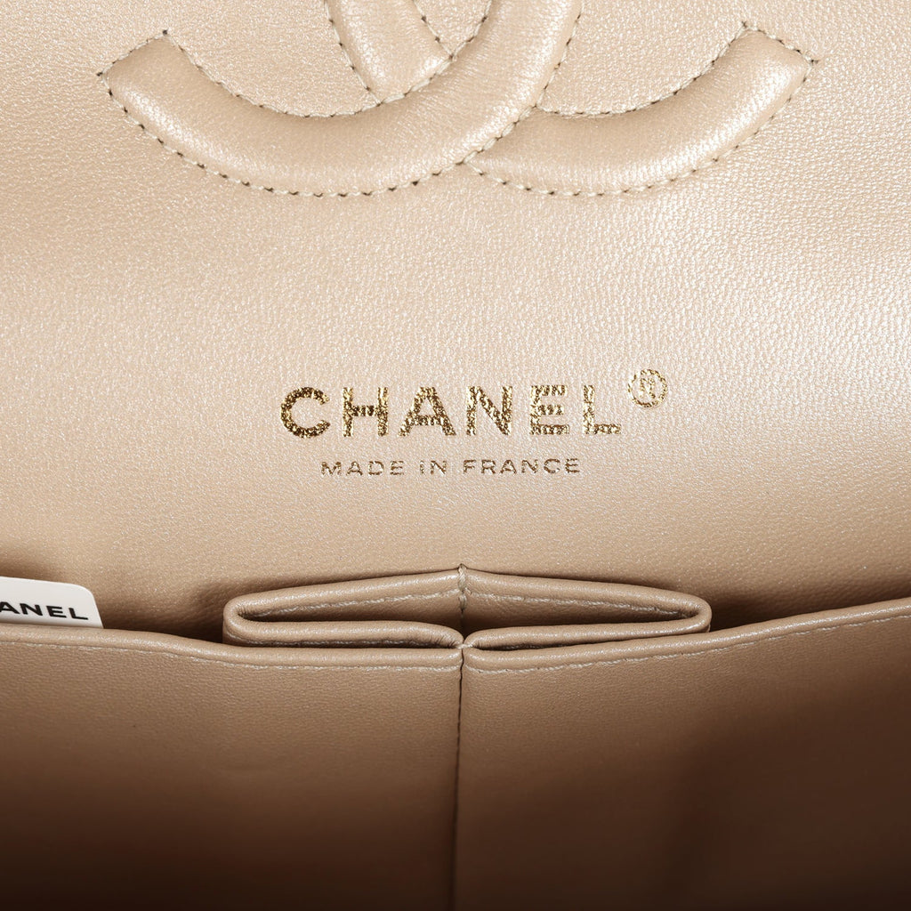 Chanel Medium Classic Double Flap Beige Tweed Gold Hardware