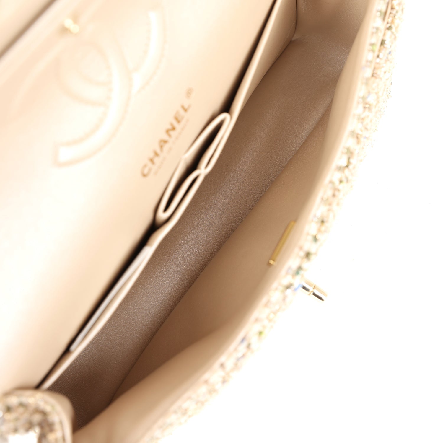 Chanel Medium Classic Double Flap Beige Tweed Gold Hardware