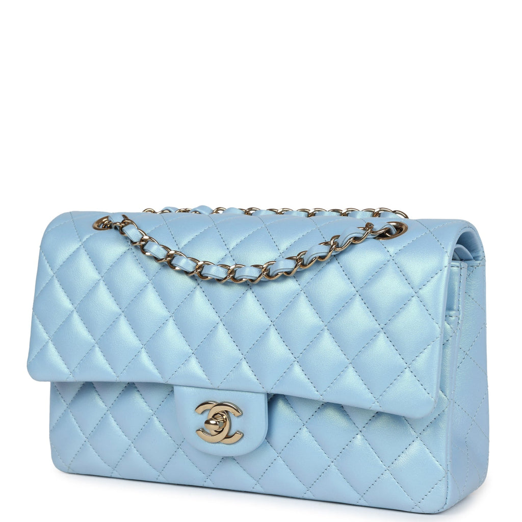 Chanel Medium Classic Double Flap Bag Blue Iridescent Calfskin Gold Hardware