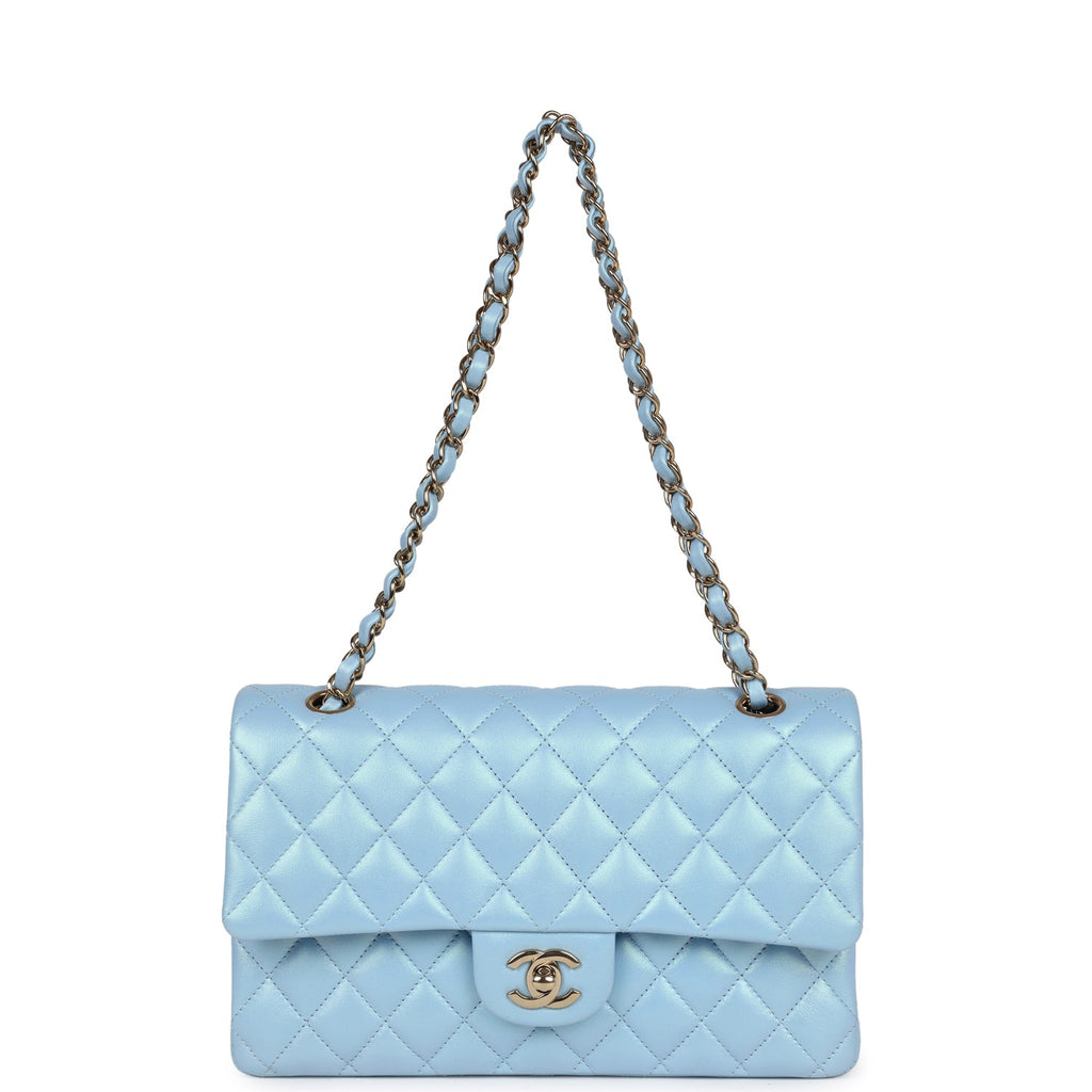 Chanel Medium Classic Double Flap Bag Blue Iridescent Calfskin Gold Hardware