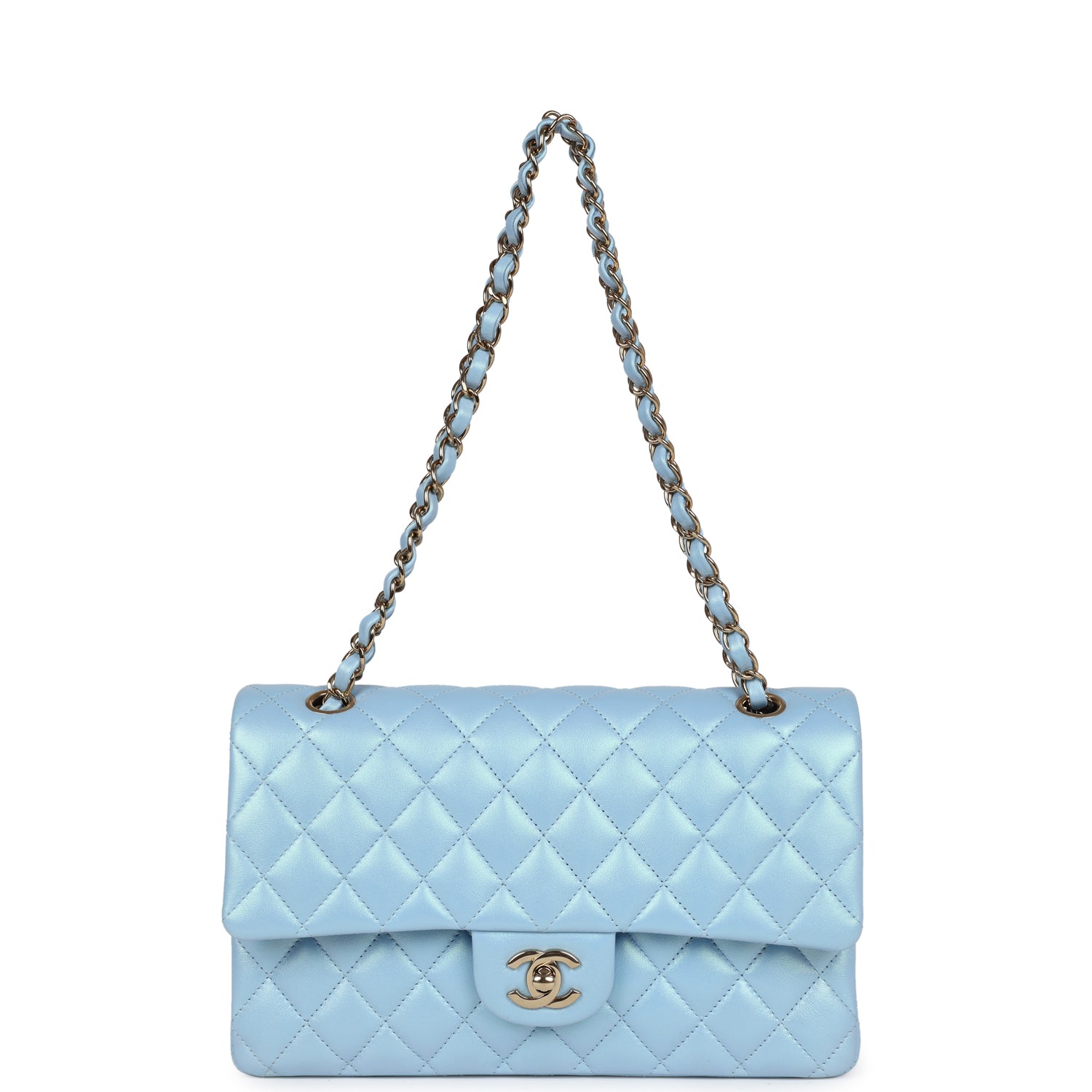 Chanel Medium Classic Double Flap Bag Blue Iridescent Calfskin Gold Hardware