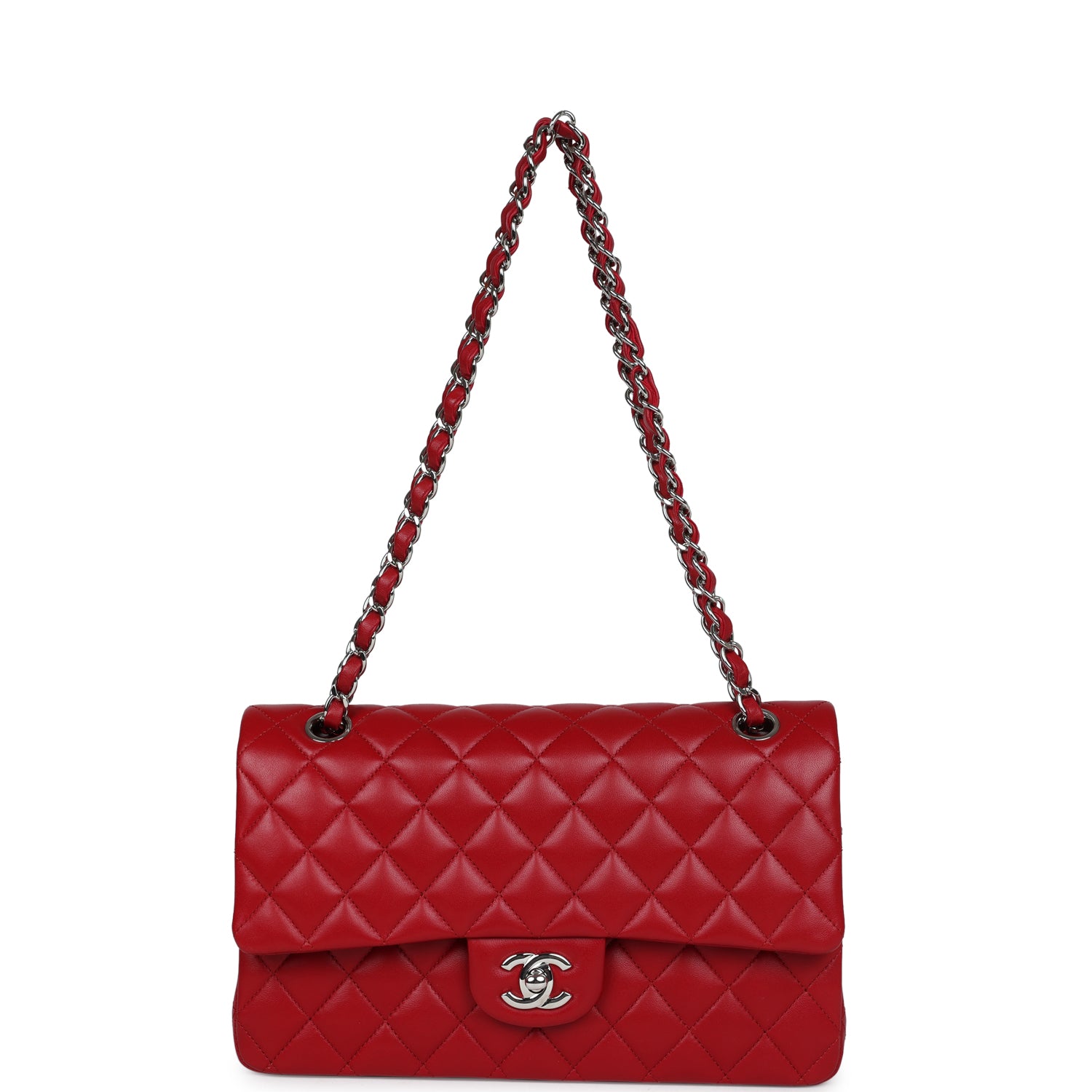 Chanel Medium Classic Double Flap Bag Red Lambskin Silver Hardware