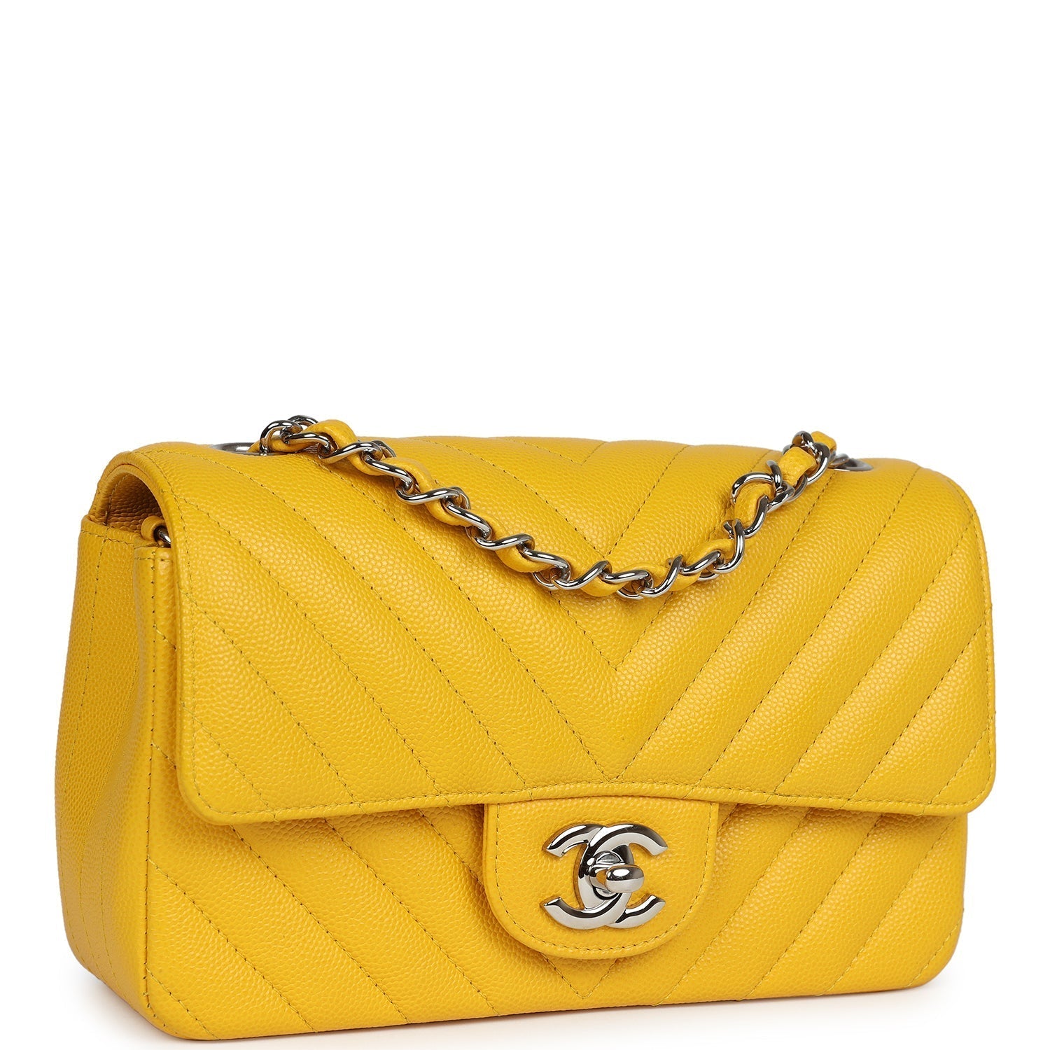 Chanel Mini Rectangular Flap Yellow Chevron Caviar Silver Hardware