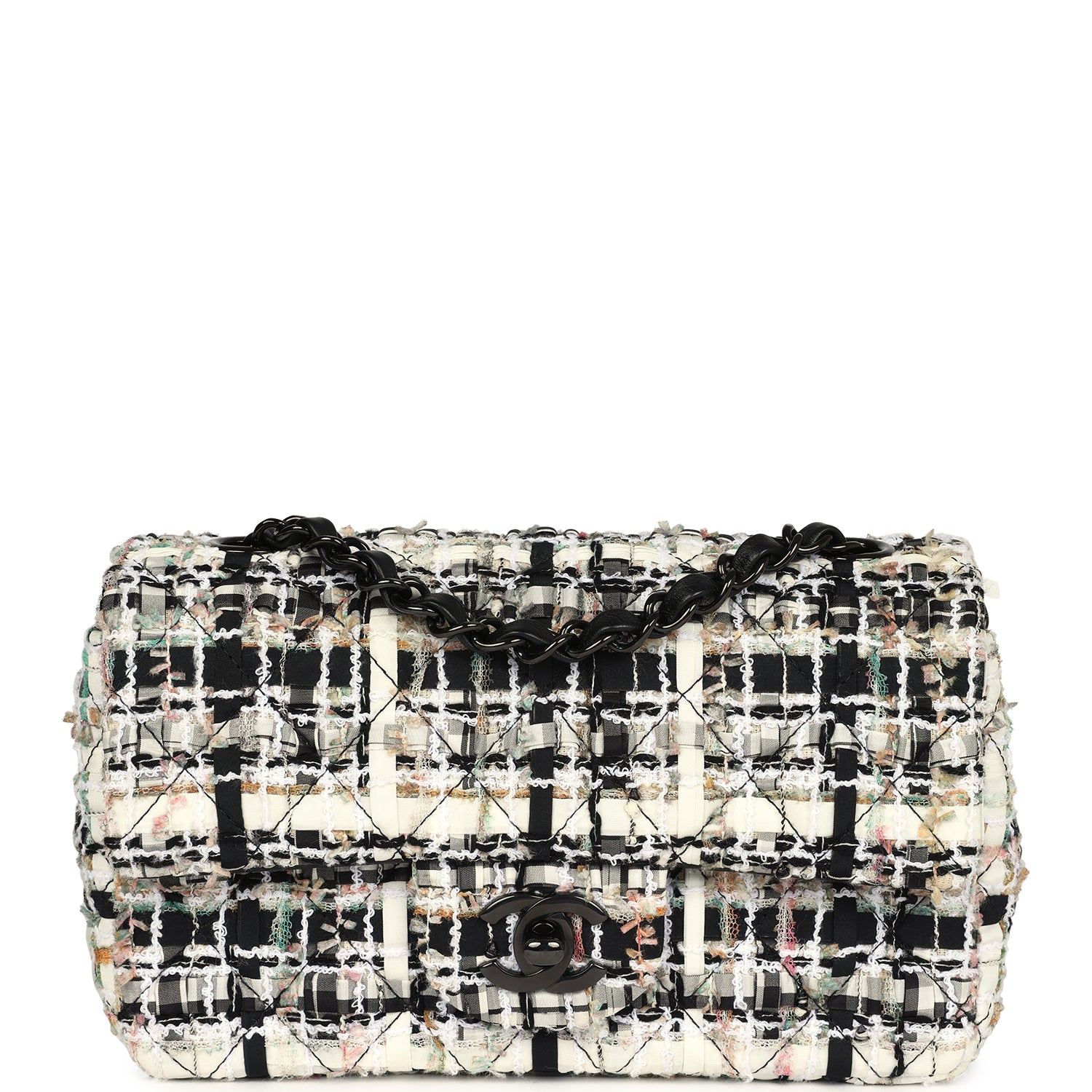 Chanel Mini Classic Flap Black and White Tweed Black Hardware