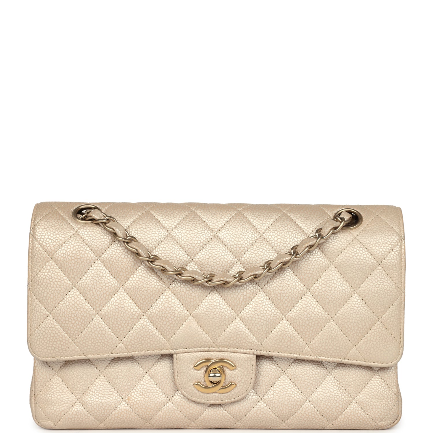 Chanel Medium Classic Double Flap Pearly Beige Caviar Gold Hardware