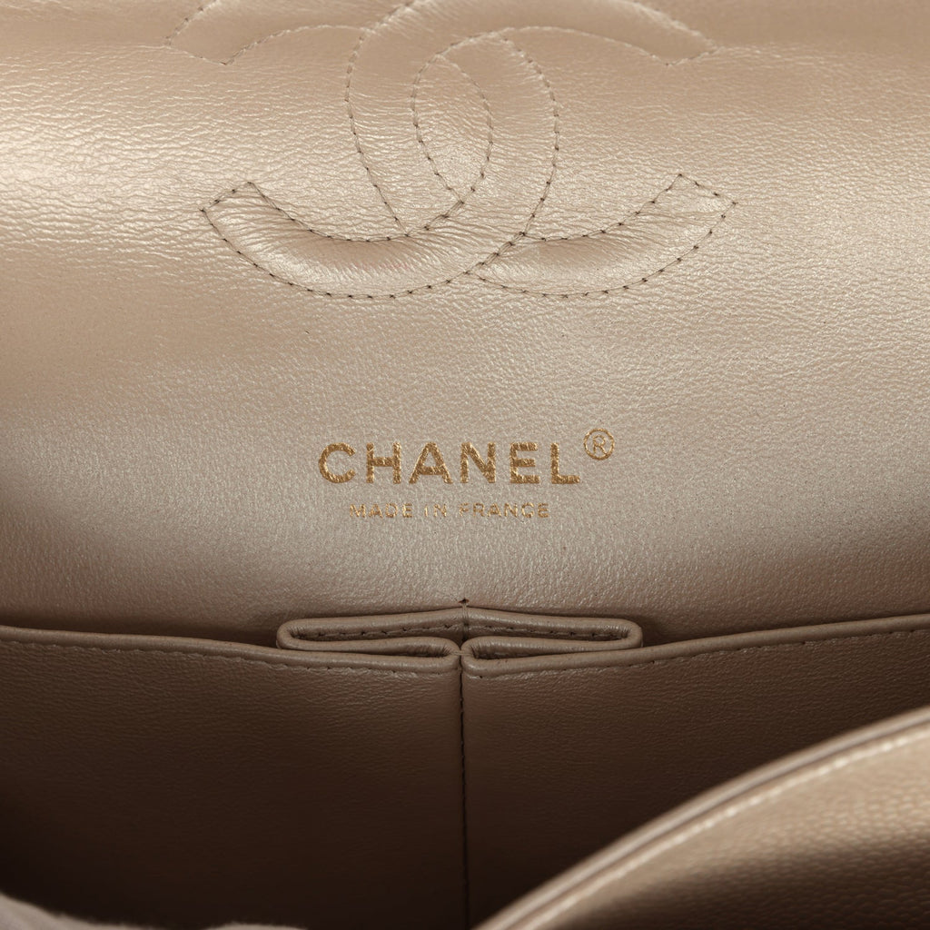 Chanel Medium Classic Double Flap Pearly Beige Caviar Gold Hardware