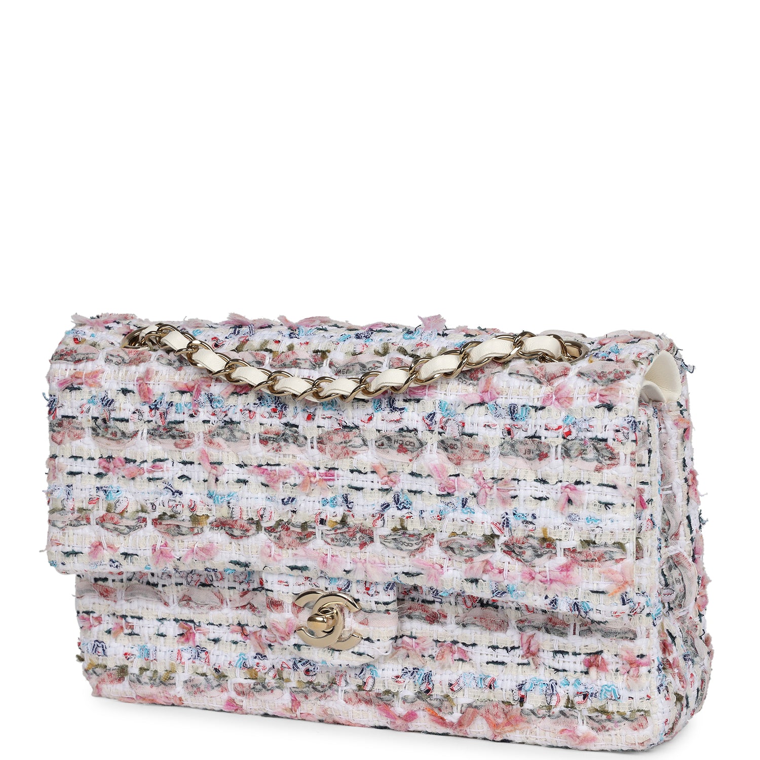 Chanel Medium Classic Double Flap White Multicolored Tweed Light Gold Hardware