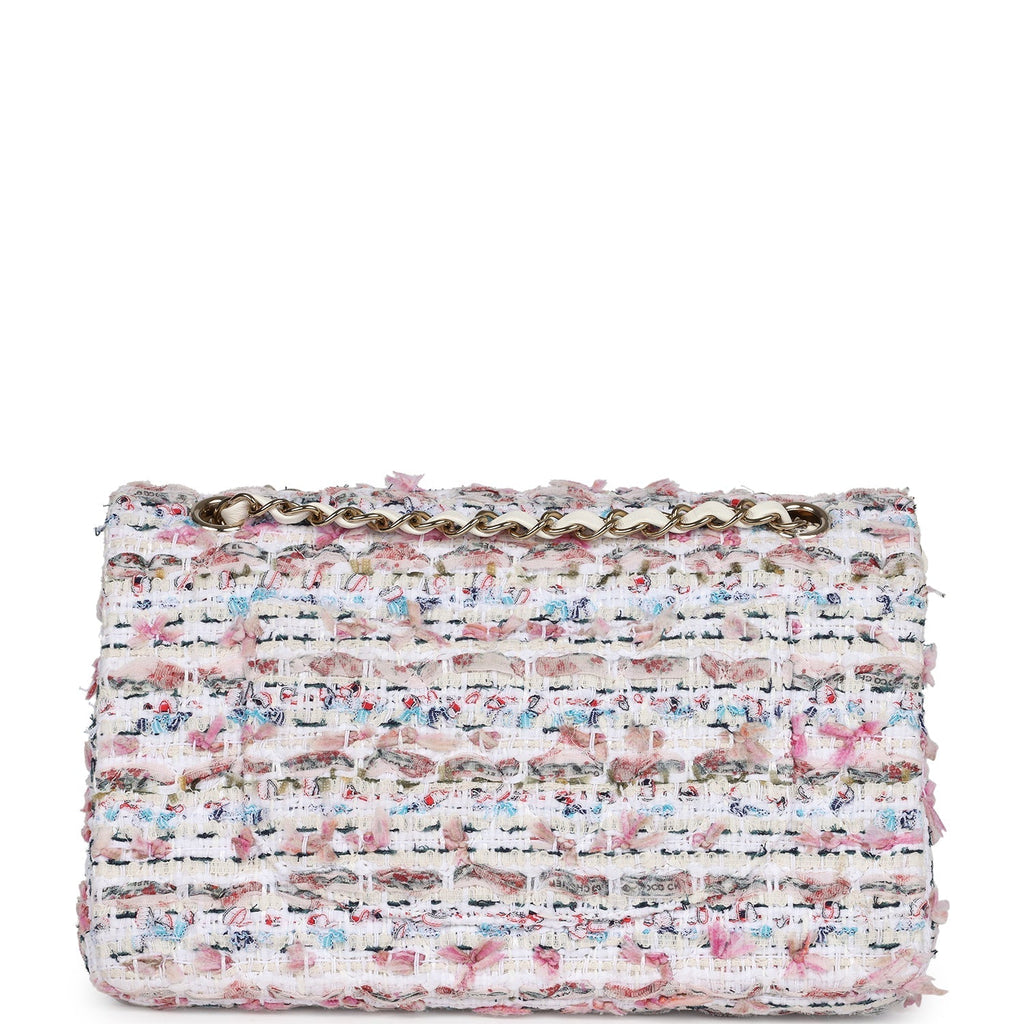Chanel Medium Classic Double Flap White Multicolored Tweed Light Gold Hardware