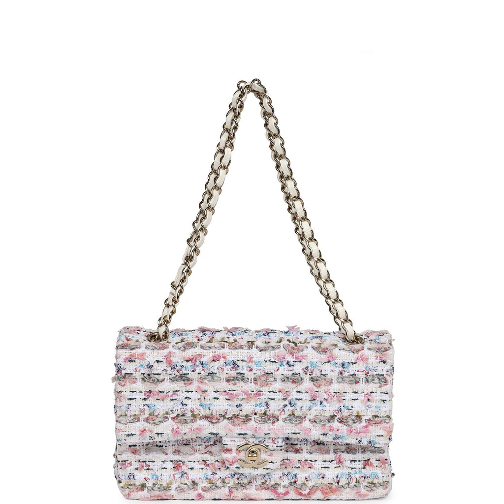 Chanel Medium Classic Double Flap White Multicolored Tweed Light Gold Hardware