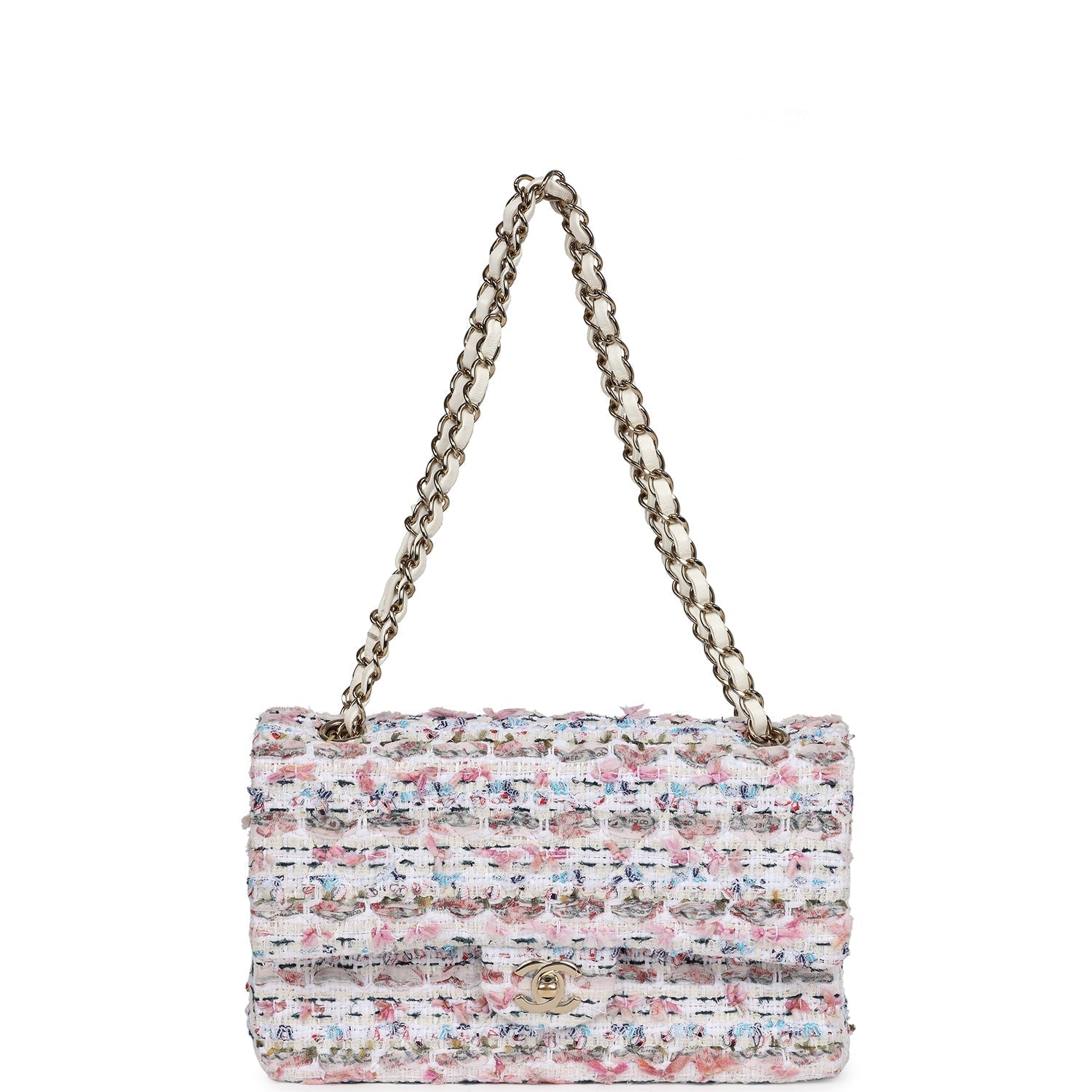 Chanel Medium Classic Double Flap White Multicolored Tweed Light Gold Hardware