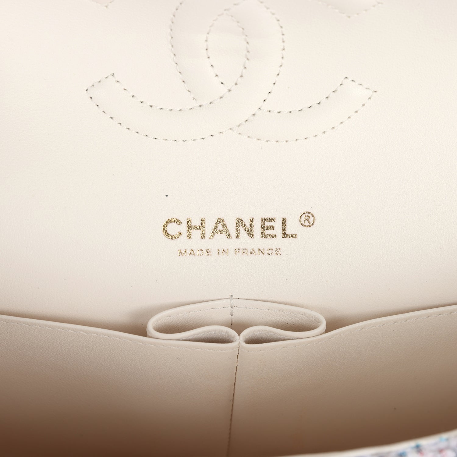 Chanel Medium Classic Double Flap White Multicolored Tweed Light Gold Hardware
