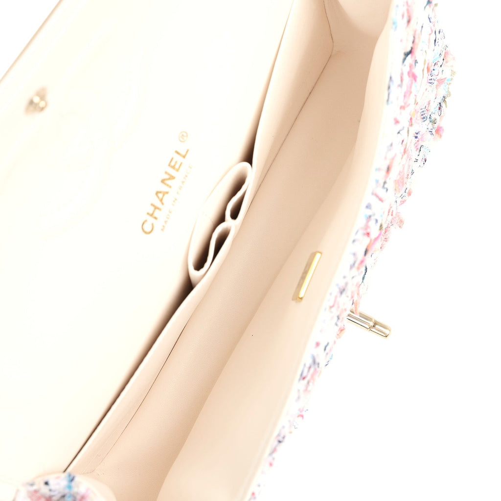 Chanel Medium Classic Double Flap White Multicolored Tweed Light Gold Hardware
