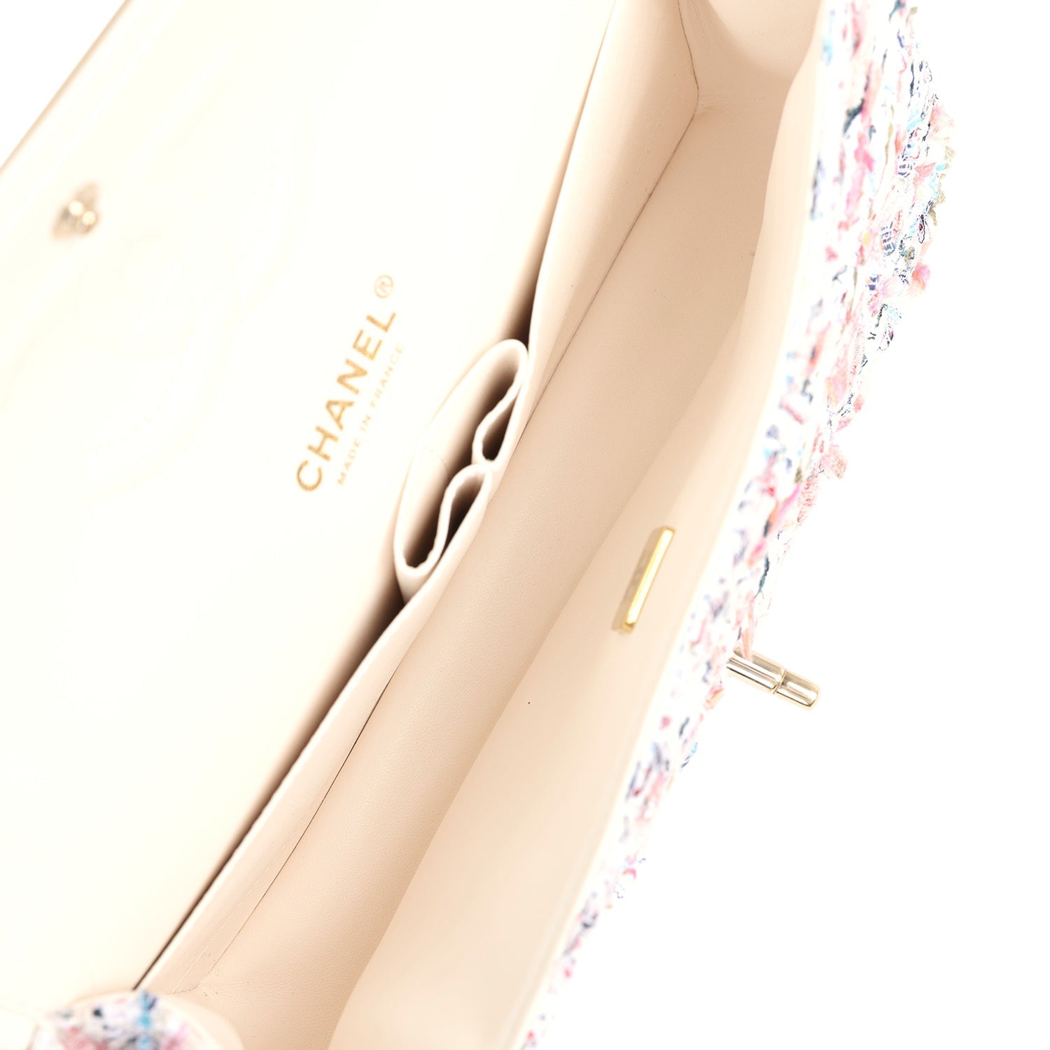 Chanel Medium Classic Double Flap White Multicolored Tweed Light Gold Hardware