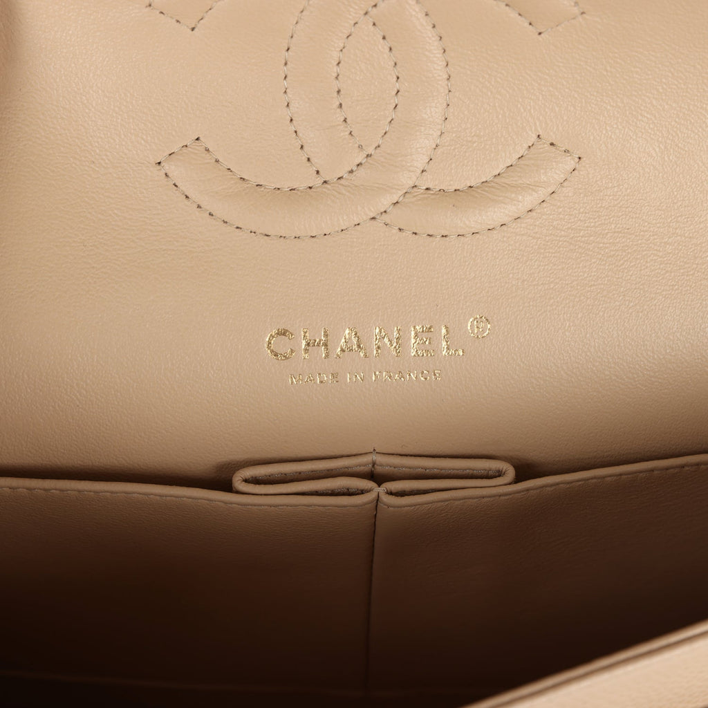 Chanel Medium Classic Double Flap Beige Caviar Gold Hardware