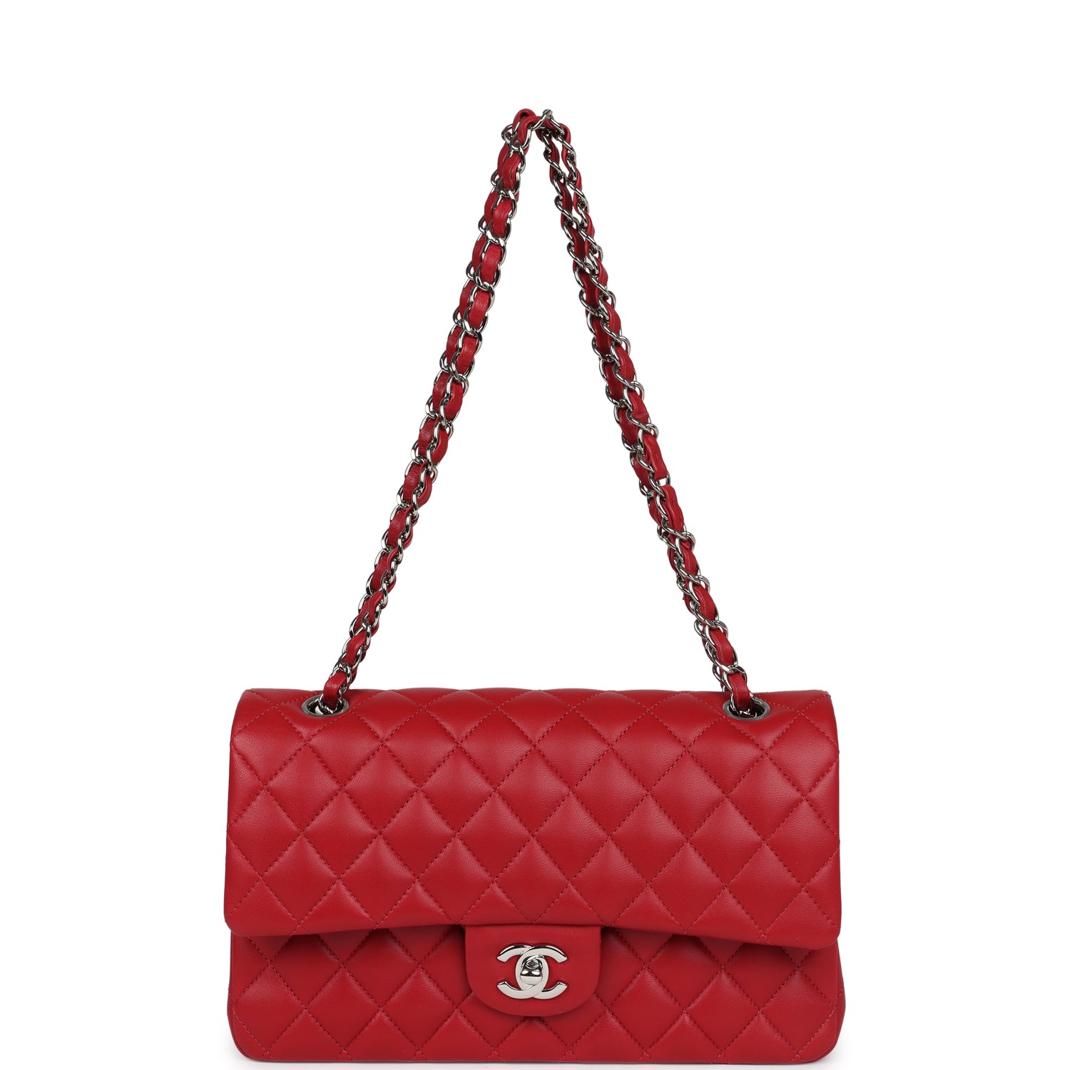 Chanel Medium Classic Double Flap Bag Red Lambskin Silver Hardware