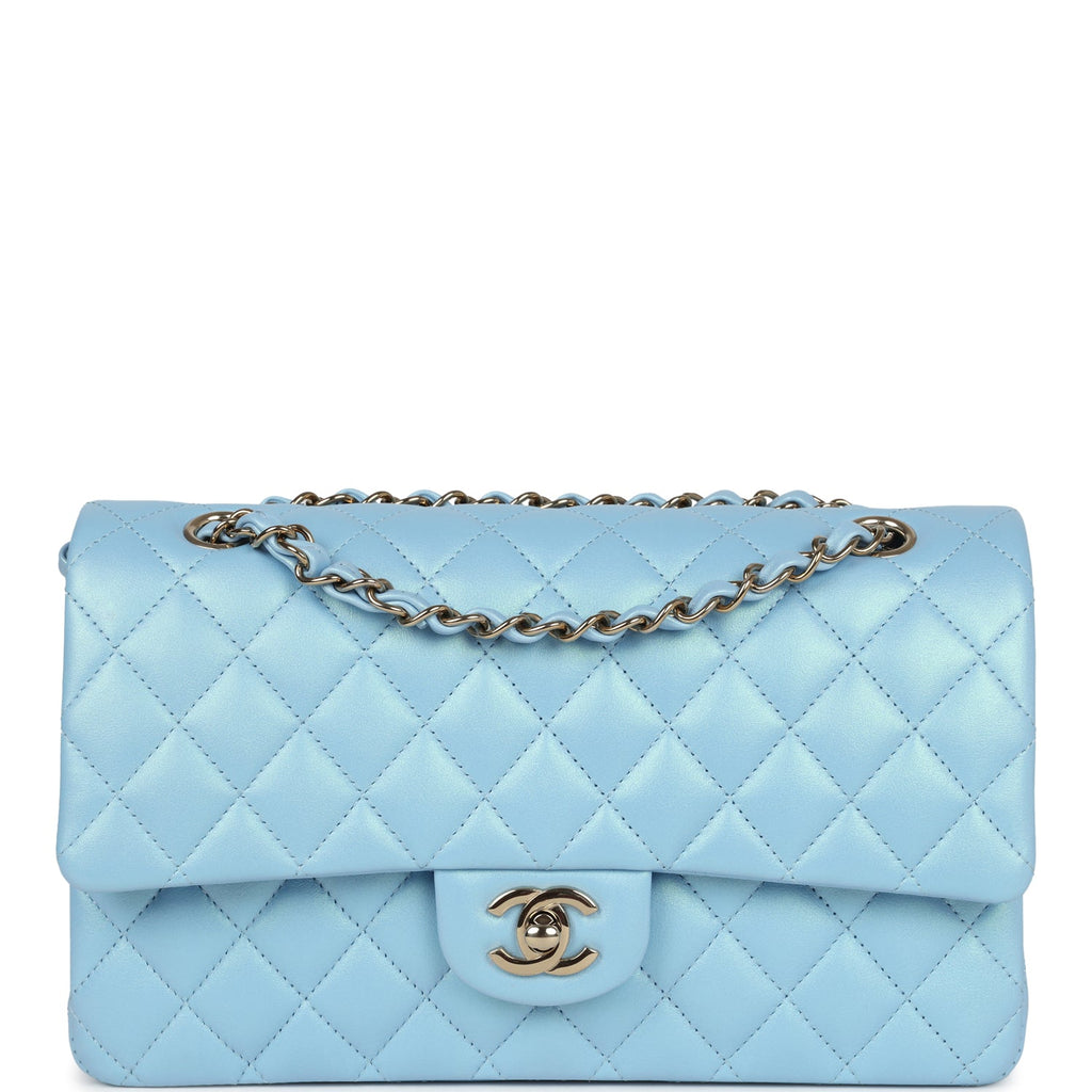 Chanel Medium Classic Double Flap Bag Blue Iridescent Calfskin Gold Hardware