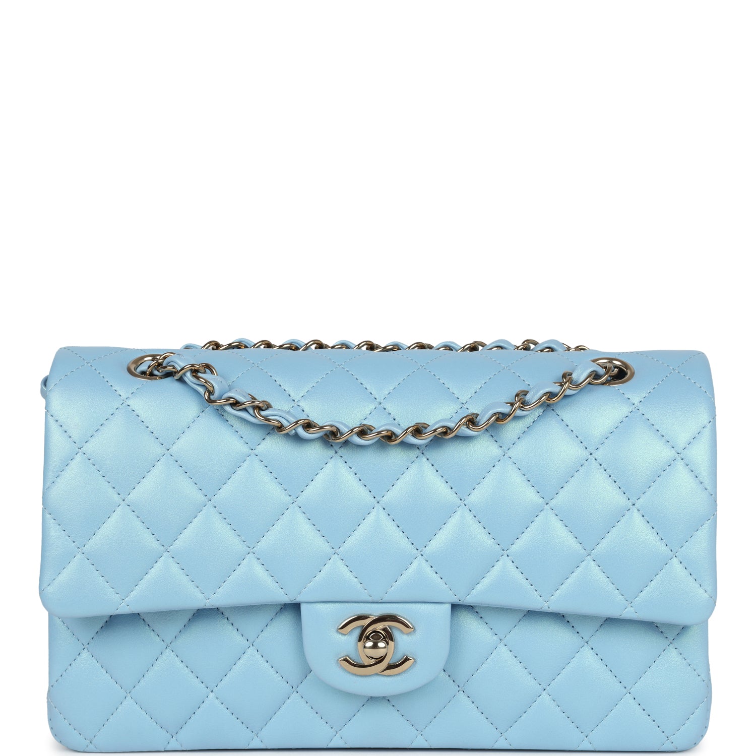 Chanel Medium Classic Double Flap Bag Blue Iridescent Calfskin Gold Hardware