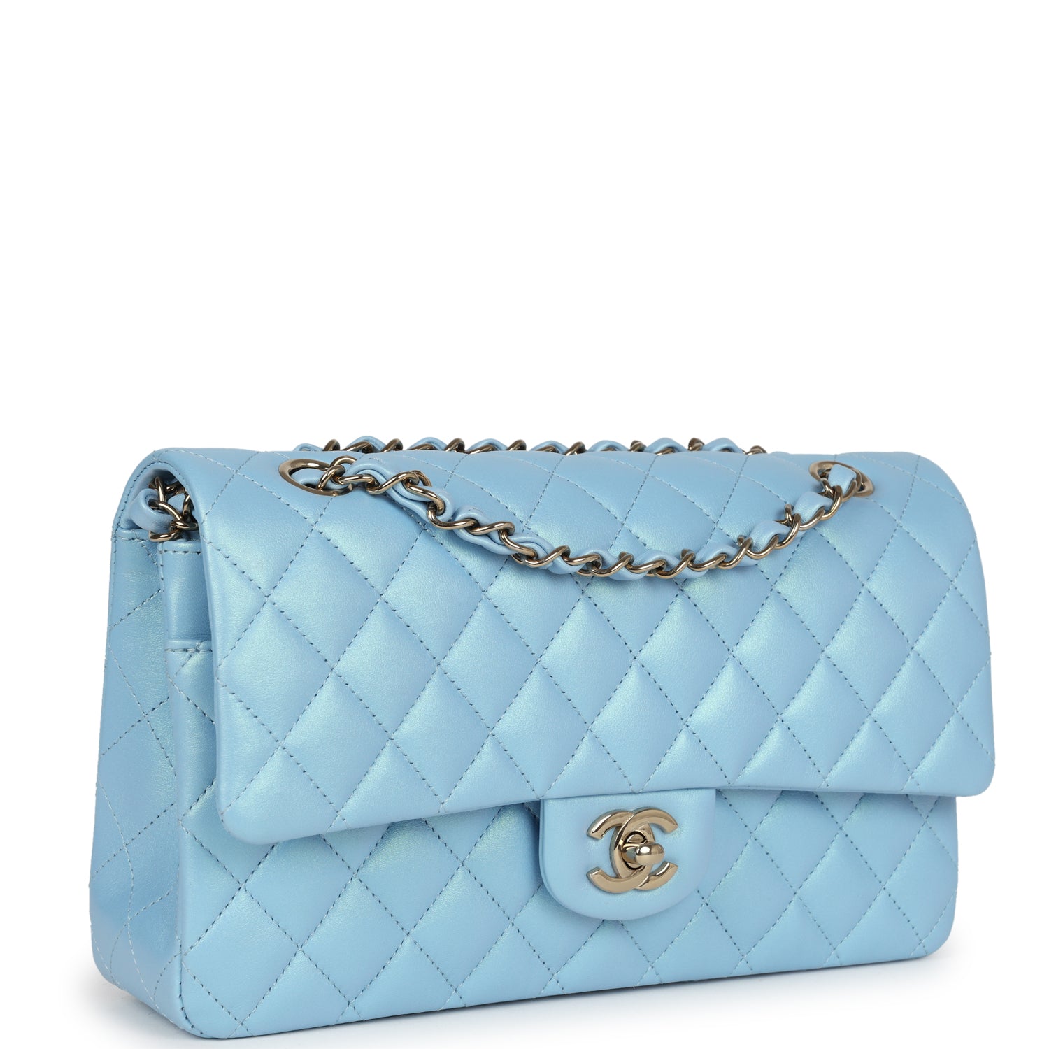 Chanel Medium Classic Double Flap Bag Blue Iridescent Calfskin Gold Hardware