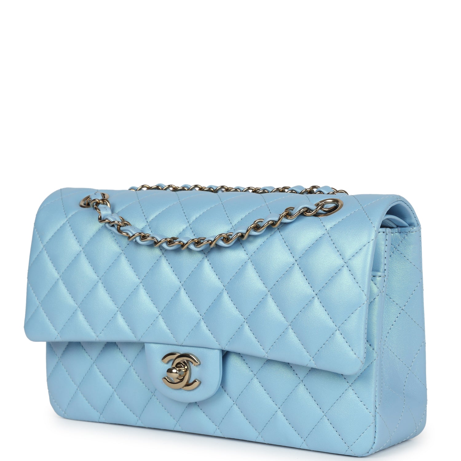 Chanel Medium Classic Double Flap Bag Blue Iridescent Calfskin Gold Hardware