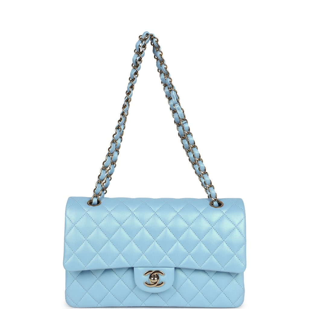 Chanel Medium Classic Double Flap Bag Blue Iridescent Calfskin Gold Hardware