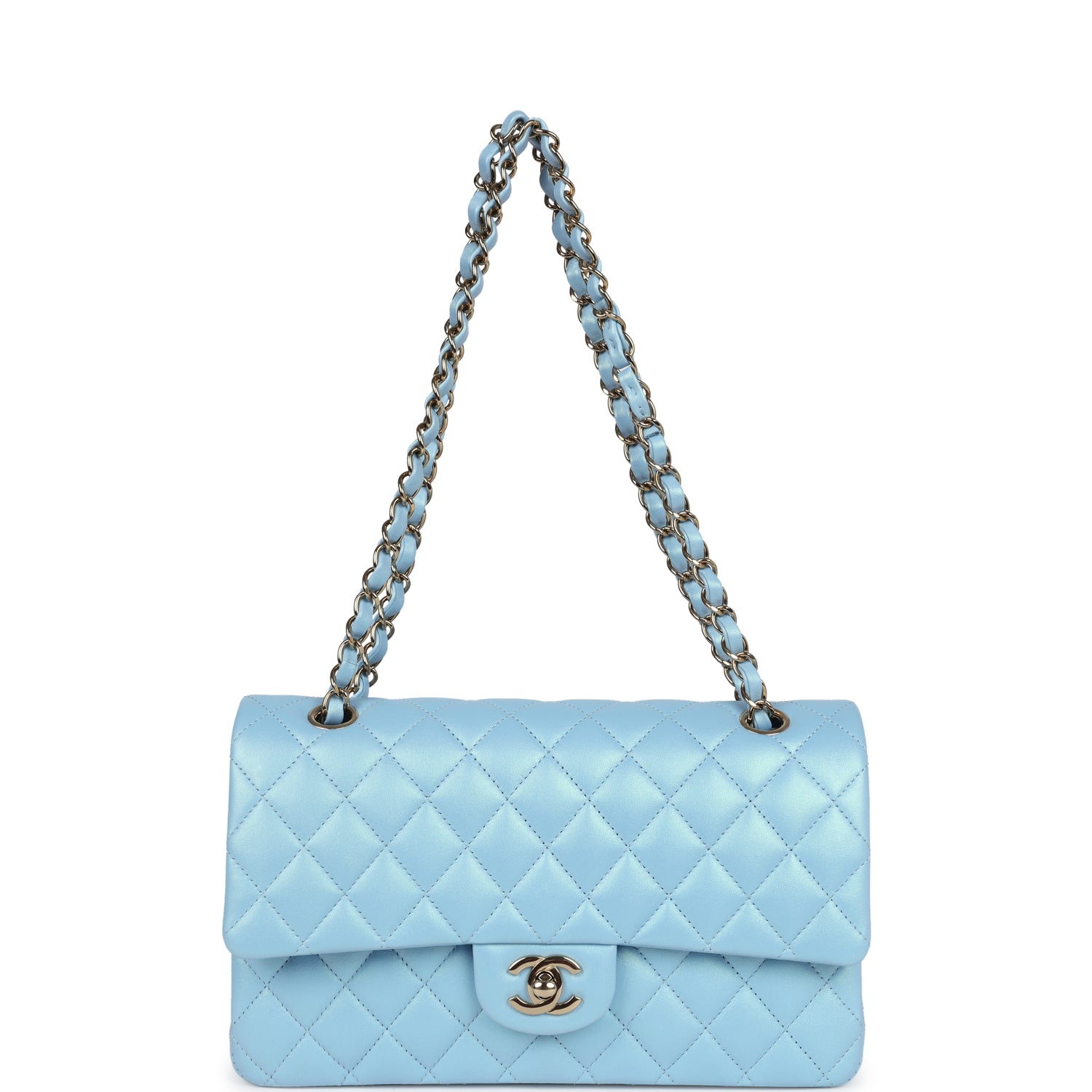 Chanel Medium Classic Double Flap Bag Blue Iridescent Calfskin Gold Hardware