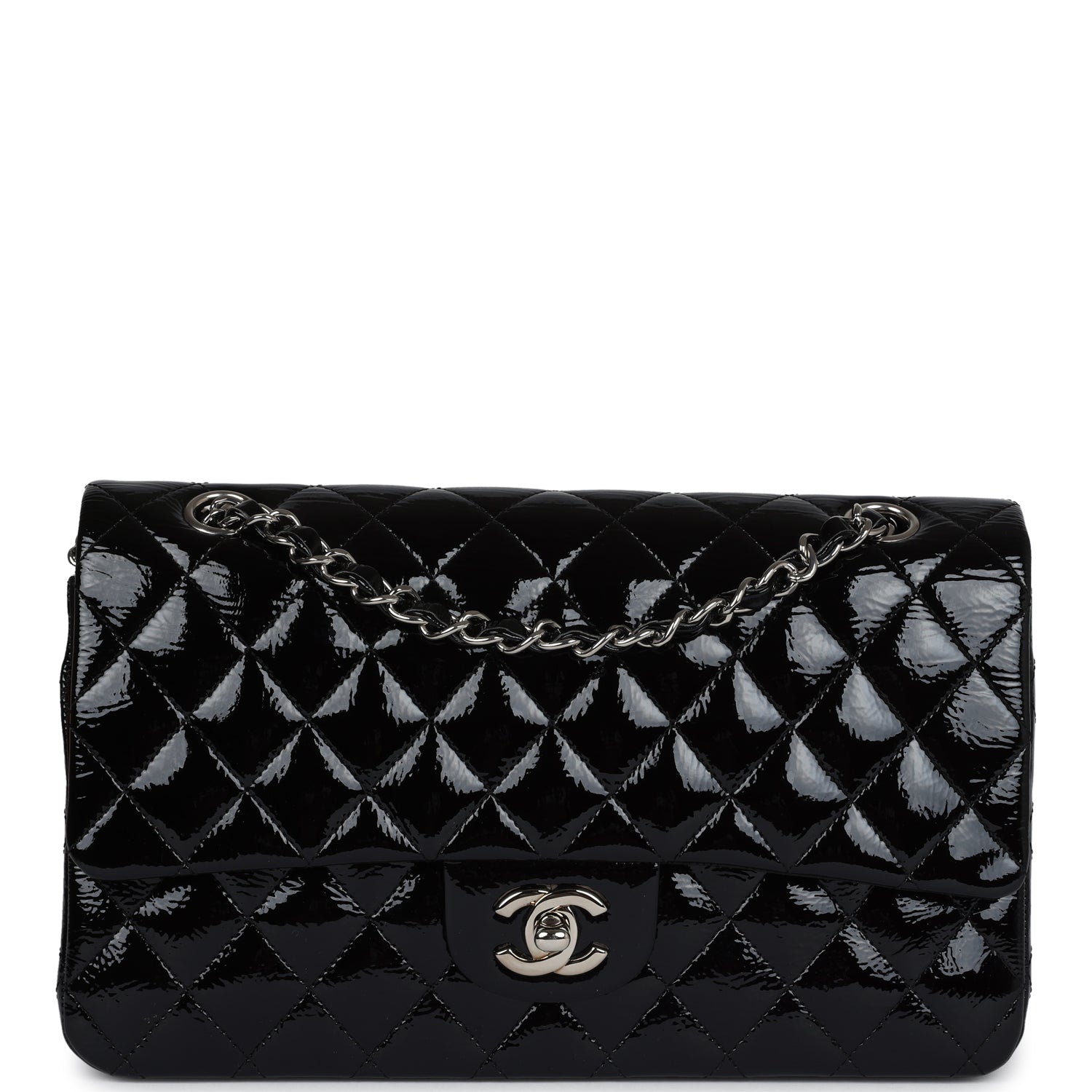 Chanel Medium Classic Double Flap Bag Black Crumpled Patent Leather Silver Hardware