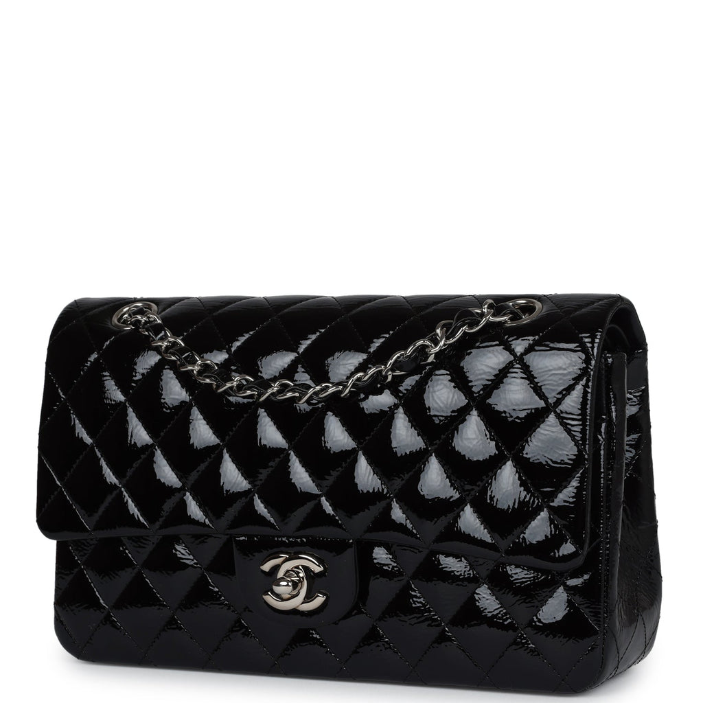 Chanel Medium Classic Double Flap Bag Black Crumpled Patent Leather Silver Hardware