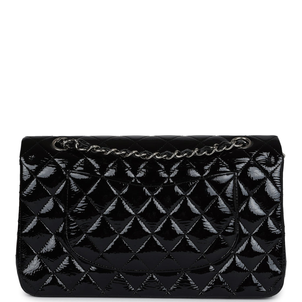 Chanel Medium Classic Double Flap Bag Black Crumpled Patent Leather Silver Hardware