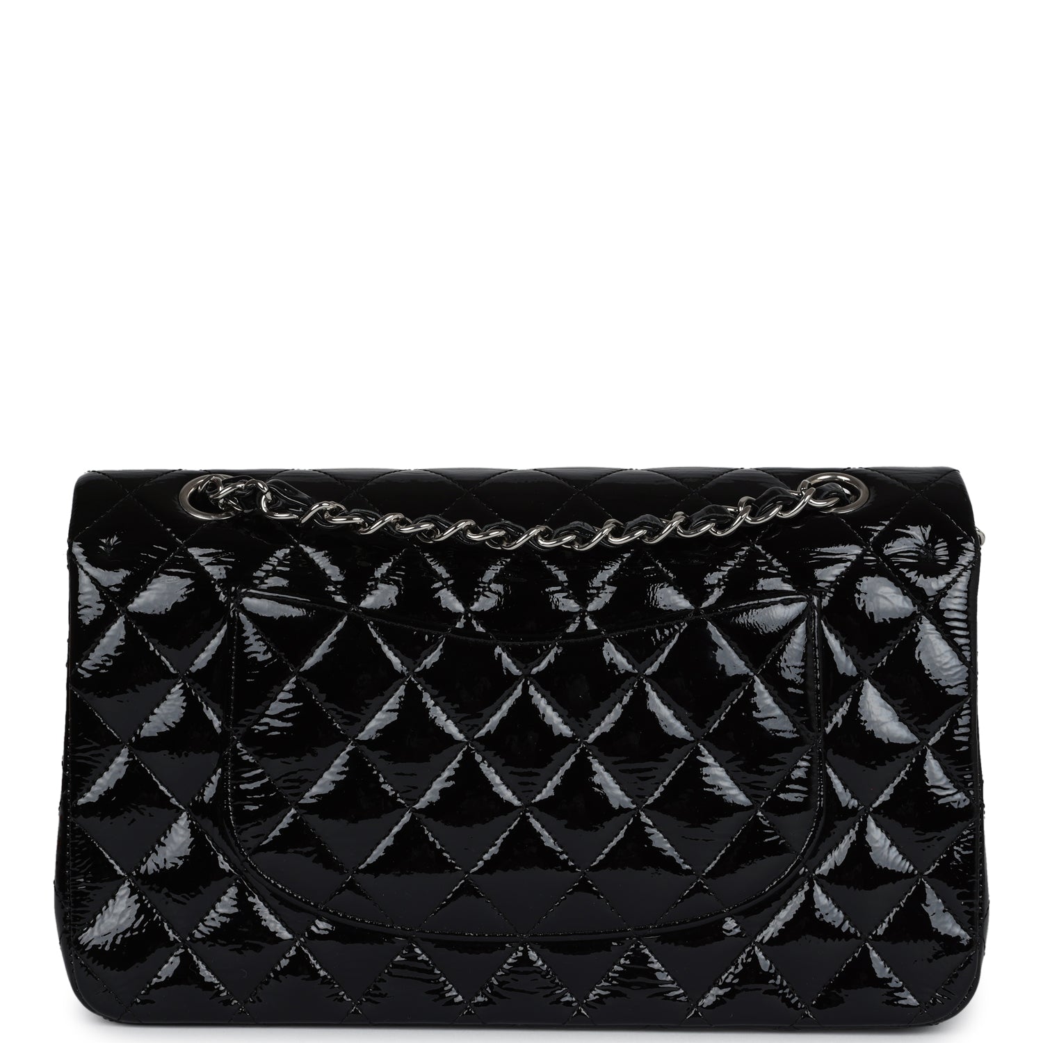 Chanel Medium Classic Double Flap Bag Black Crumpled Patent Leather Silver Hardware
