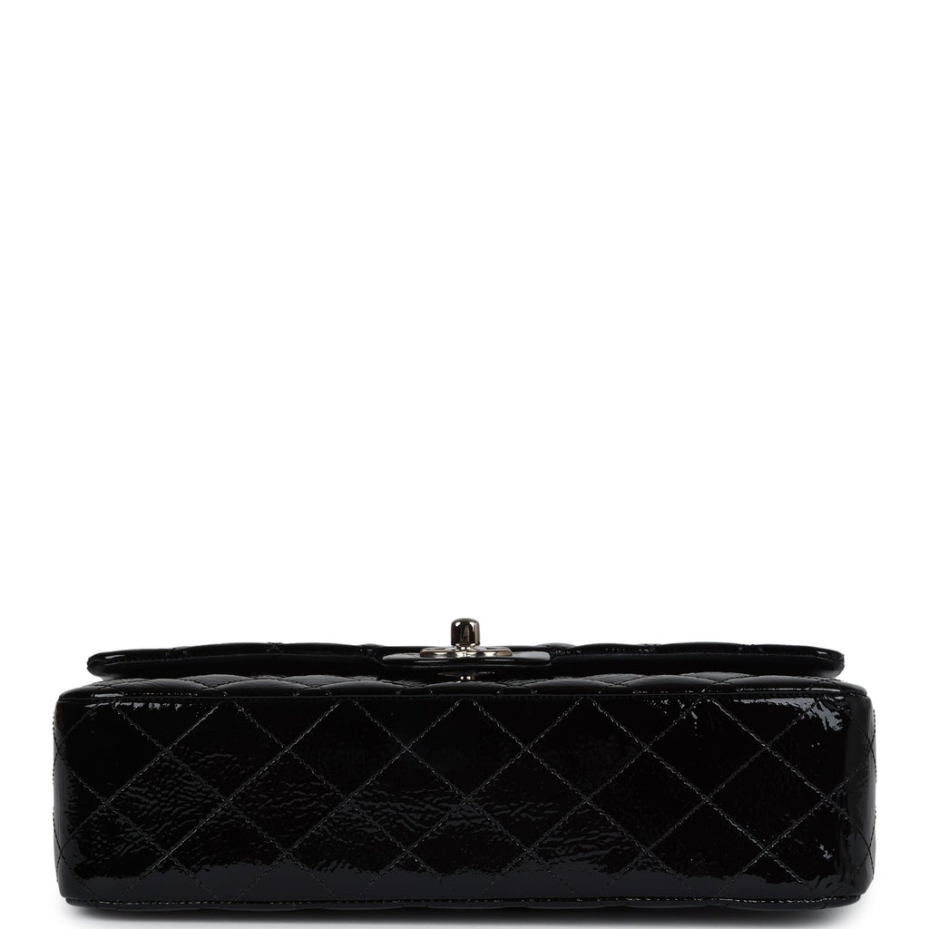 Chanel Medium Classic Double Flap Bag Black Crumpled Patent Leather Silver Hardware