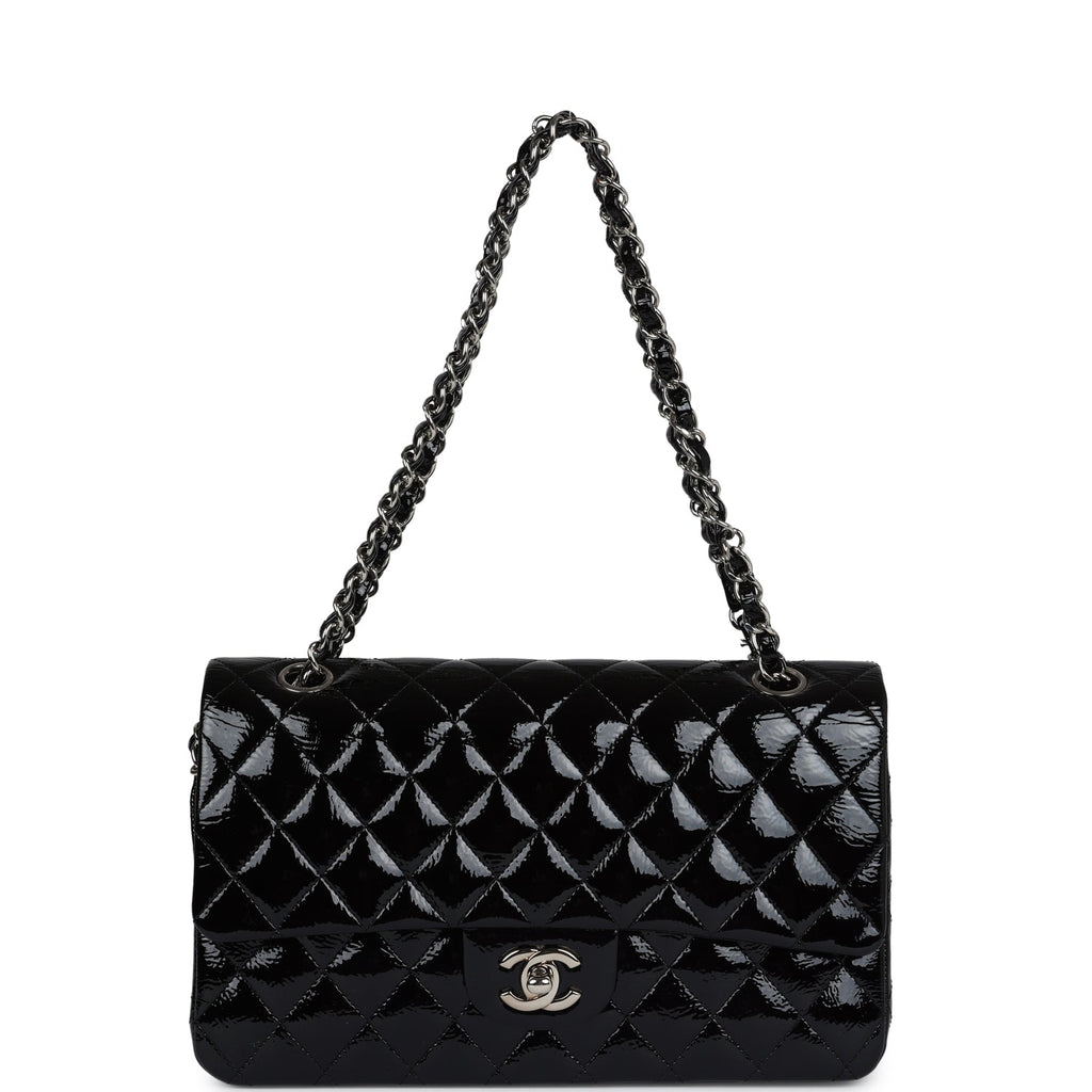 Chanel Medium Classic Double Flap Bag Black Crumpled Patent Leather Silver Hardware