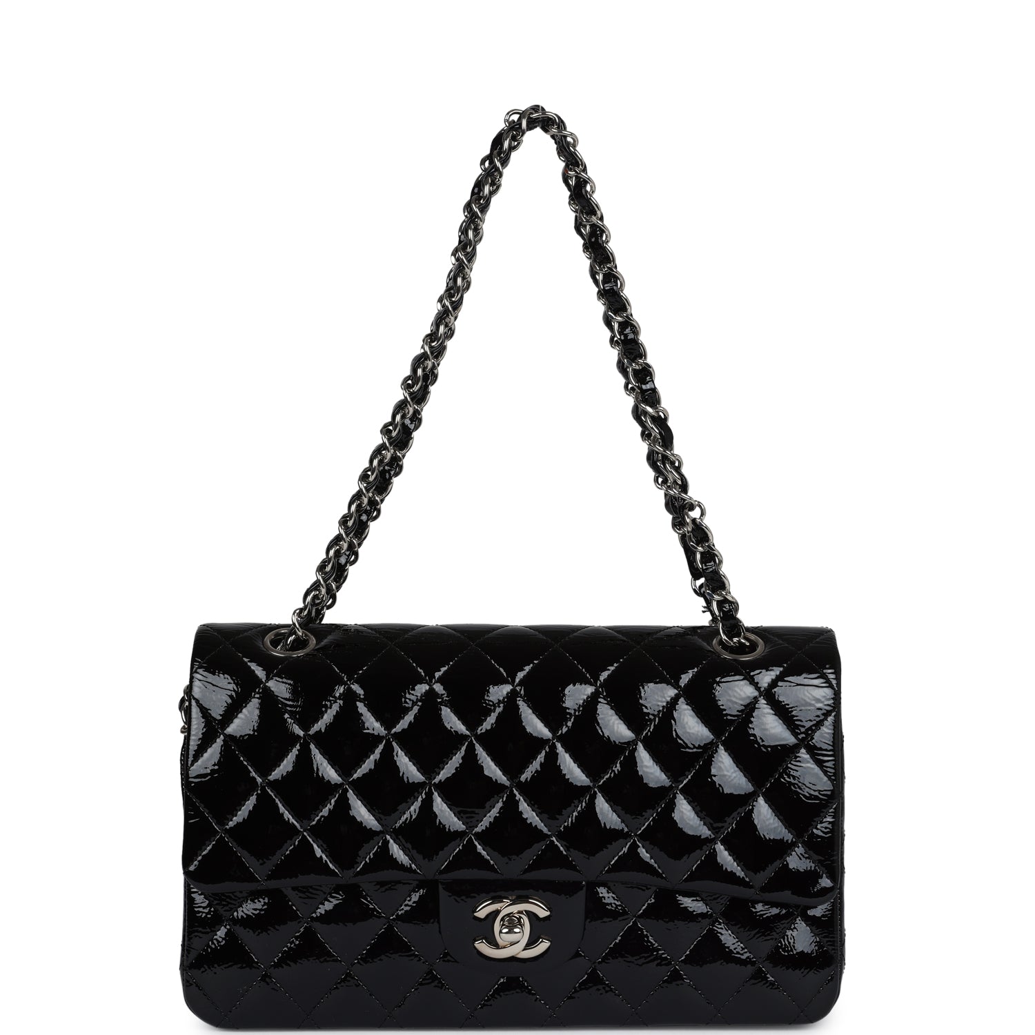 Chanel Medium Classic Double Flap Bag Black Crumpled Patent Leather Silver Hardware