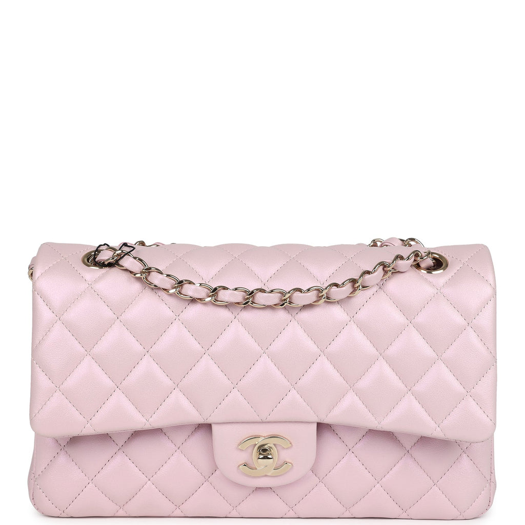 Chanel Medium Classic Double Flap Bag Pink Iridescent Lambskin Light Gold Hardware